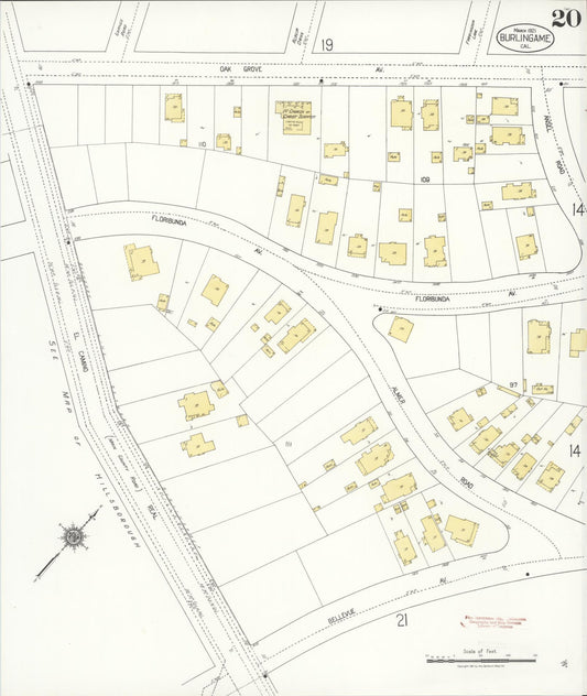 Sanborn Fire Insurance Map from Burlingame, San Mateo County, California (1921), Sheet #0020 - Historic Sanborn Fire Insurance Map Print, vintage old map wall art, antique decor, genealogy gift, California California map