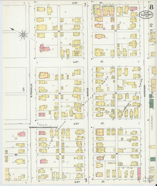 Sanborn Fire Insurance Map from Elkhart, Elkhart County, Indiana (1901), Sheet #0008 - Historic Sanborn Fire Insurance Map Print, vintage old map wall art, antique decor, genealogy gift, Indiana Indiana map