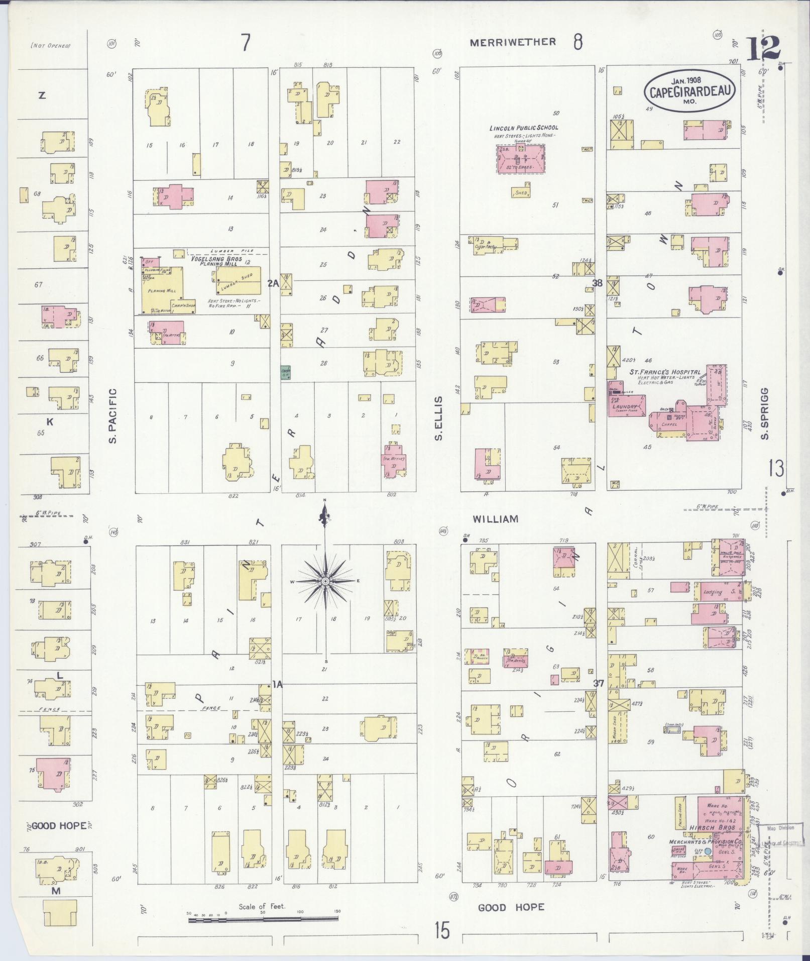 Sanborn Fire Insurance Map from Cape Girardeau, Cape Girardeau County, Missouri (1908), Sheet #0012 - Complete Map Set gallery image, historic Sanborn map, vintage wall art, Missouri Missouri