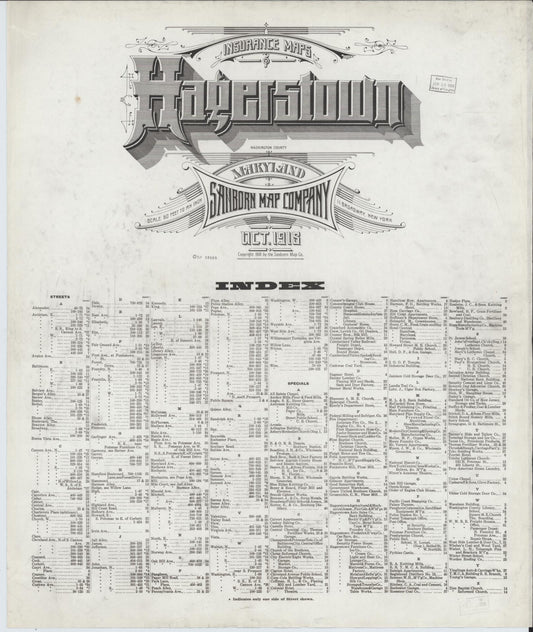 Sanborn Fire Insurance Map from Hagerstown, Washington County, Maryland (1918), Sheet #0001 - Historic Sanborn Fire Insurance Map Print, vintage old map wall art, antique decor, genealogy gift, Maryland Maryland map