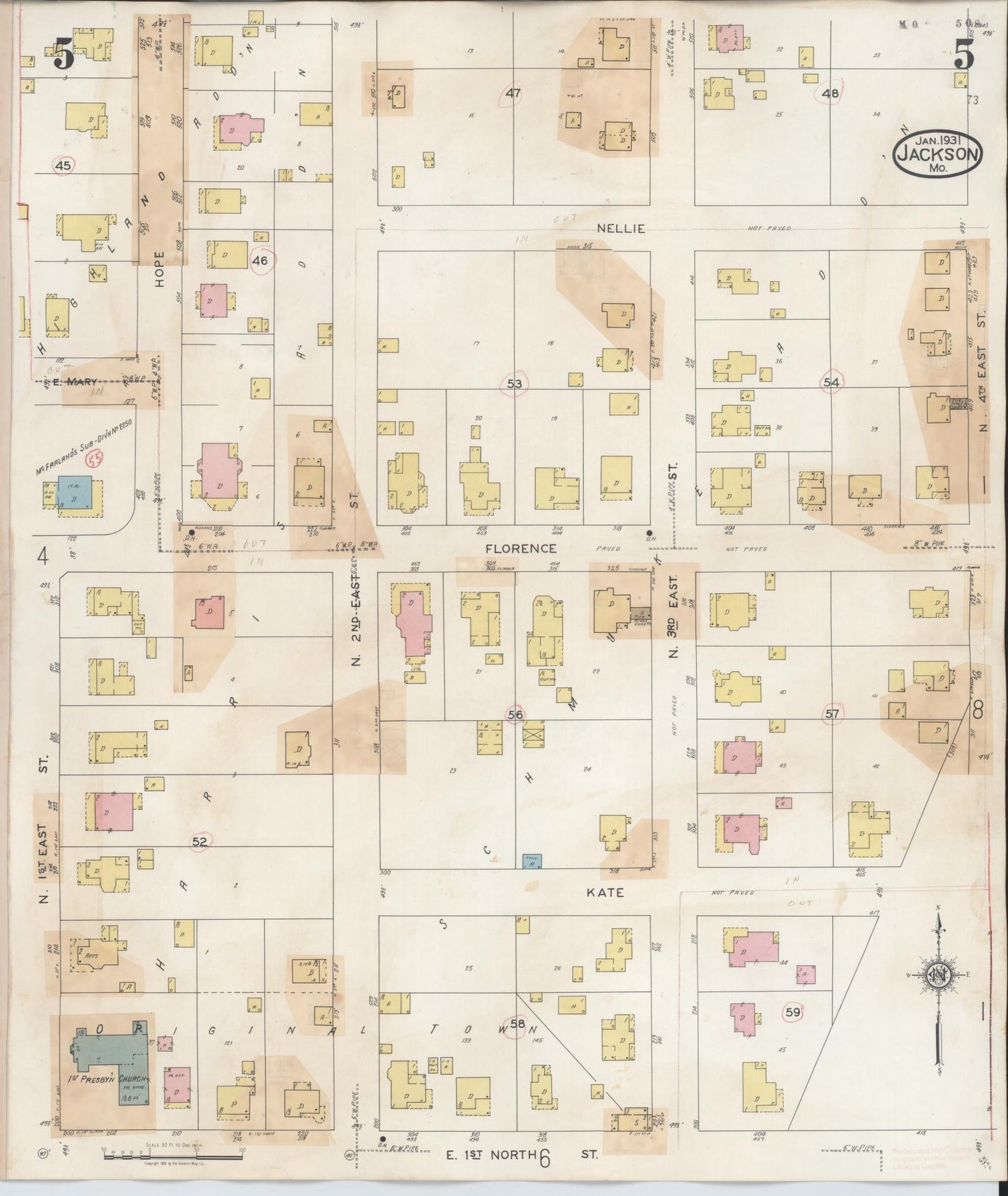 Sanborn Fire Insurance Map from Jackson, Cape Girardeau County, Missouri (1941), Sheet #0005 - Historic Sanborn Fire Insurance Map Print, vintage old map wall art, antique decor, genealogy gift, Missouri Missouri map