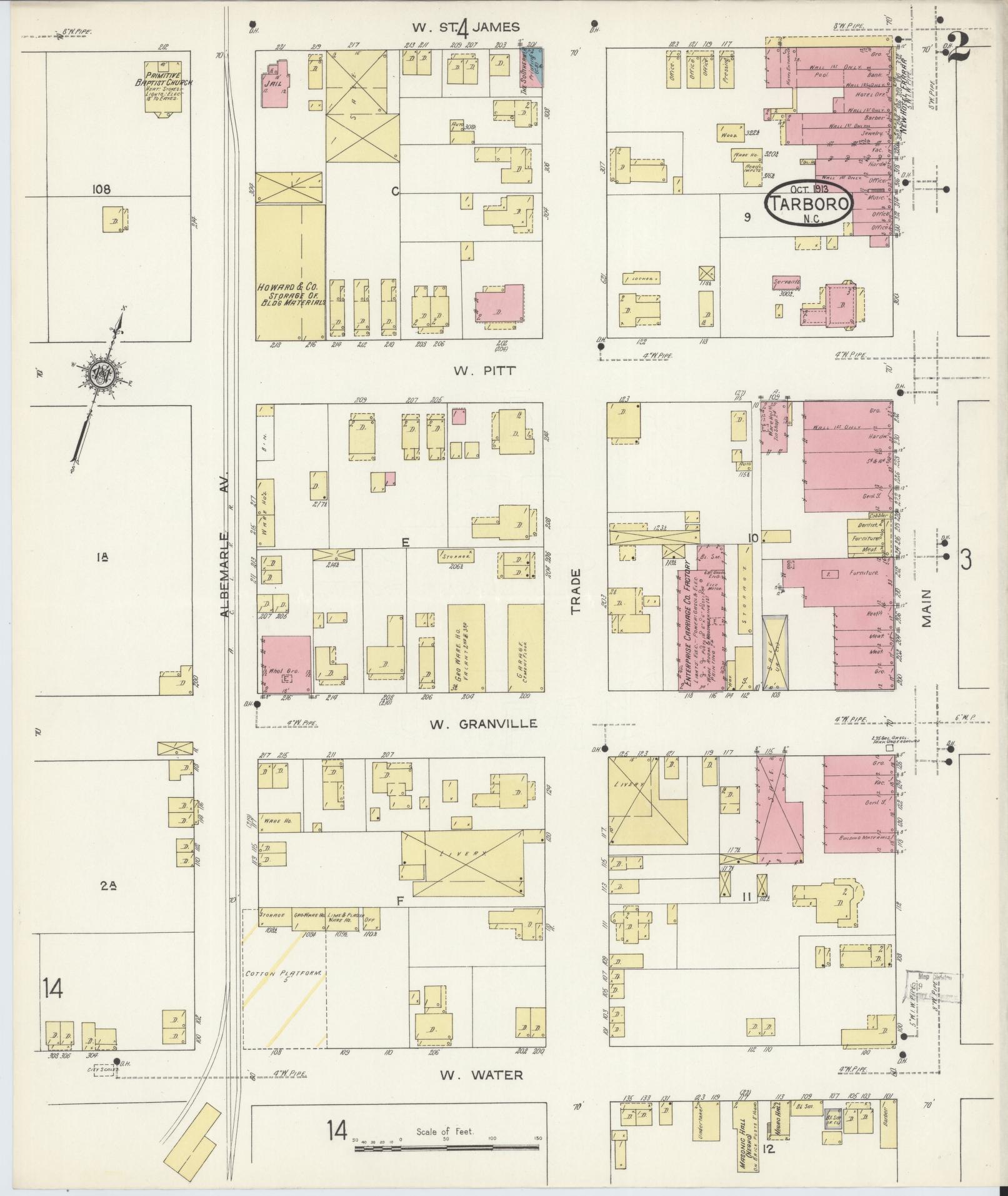 Sanborn Fire Insurance Map from Tarboro, Edgecombe County, North Carolina (1913), Sheet #0002 - Complete Map Set gallery image, historic Sanborn map, vintage wall art, North Carolina North Carolina