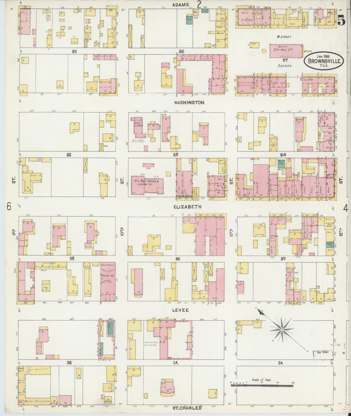 Sanborn Fire Insurance Map from Brownsville, Cameron County, Texas (1906), Sheet #0005 - Complete Map Set gallery image, historic Sanborn map, vintage wall art, Texas Texas