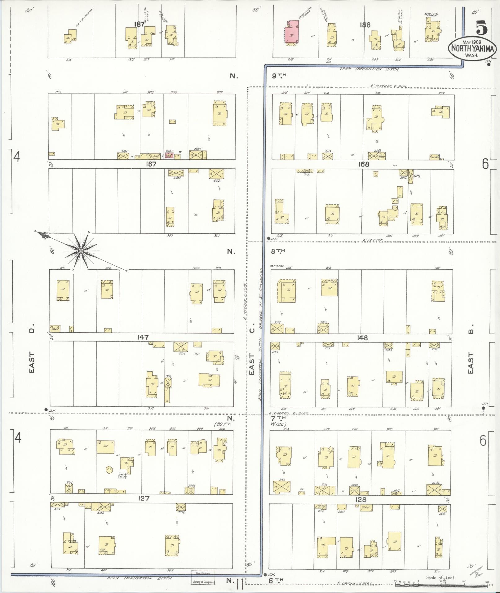 Sanborn Fire Insurance Map from North Yakima, Yakima County, Washington (1909), Sheet #0005 - Historic Sanborn Fire Insurance Map Print, vintage old map wall art, antique decor, genealogy gift, Washington Washington map