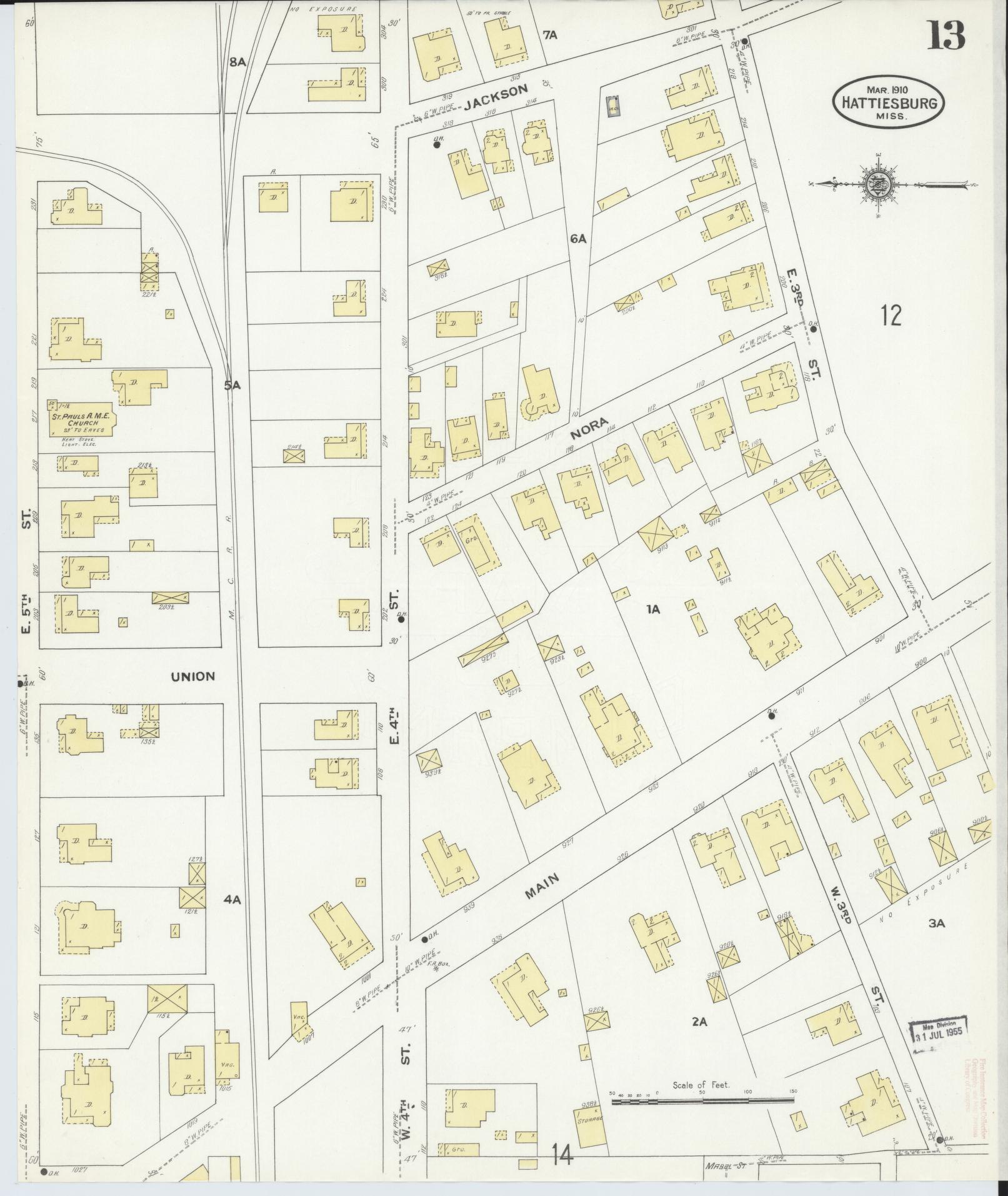 Sanborn Fire Insurance Map from Hattiesburg, Forrest County, Mississippi (1910), Sheet #0013 - Historic Sanborn Fire Insurance Map Print, vintage old map wall art, antique decor, genealogy gift, Mississippi Mississippi map