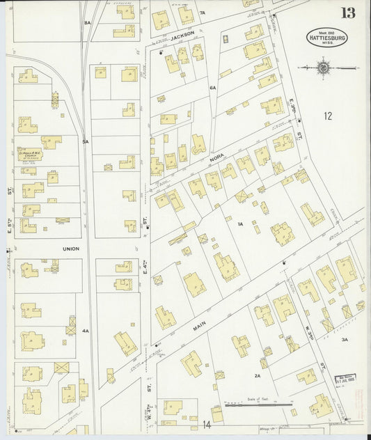 Sanborn Fire Insurance Map from Hattiesburg, Forrest County, Mississippi (1910), Sheet #0013 - Historic Sanborn Fire Insurance Map Print, vintage old map wall art, antique decor, genealogy gift, Mississippi Mississippi map