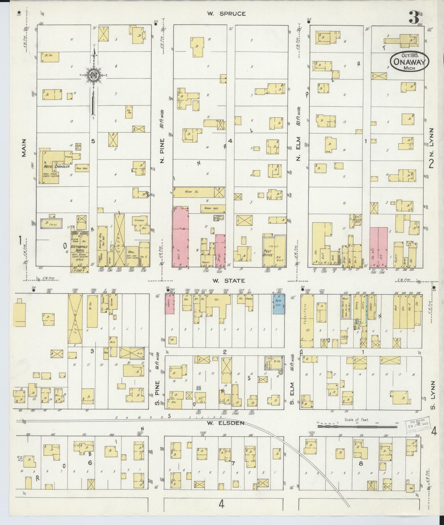Sanborn Fire Insurance Map from Onaway, Presque Isle County, Michigan (1915), Sheet #0003 - Complete Map Set gallery image, historic Sanborn map, vintage wall art, Michigan Michigan