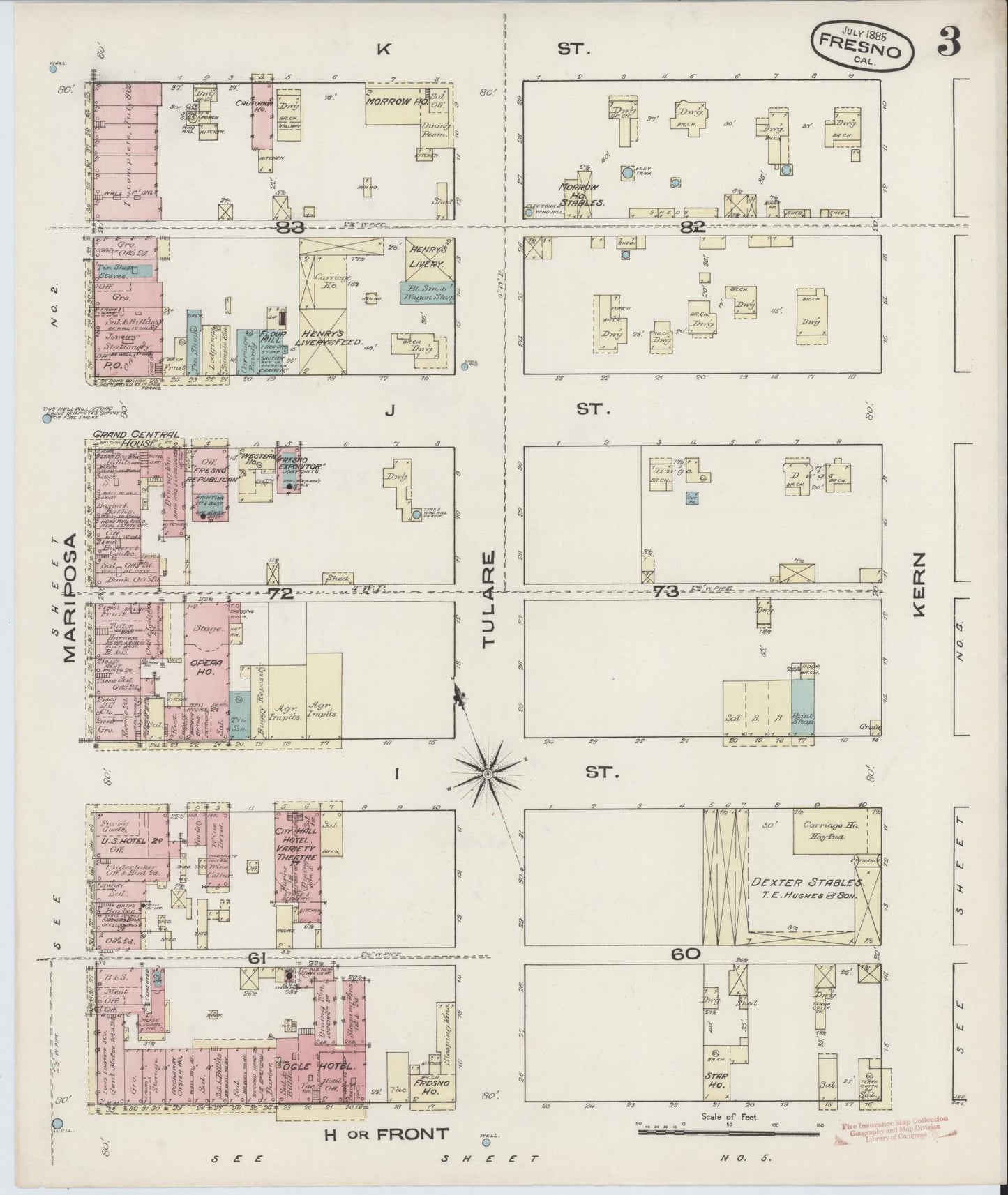 Sanborn Fire Insurance Map from Fresno, Fresno County, California (1885), Sheet #0003 - Historic Sanborn Fire Insurance Map Print, vintage old map wall art, antique decor, genealogy gift, California California map
