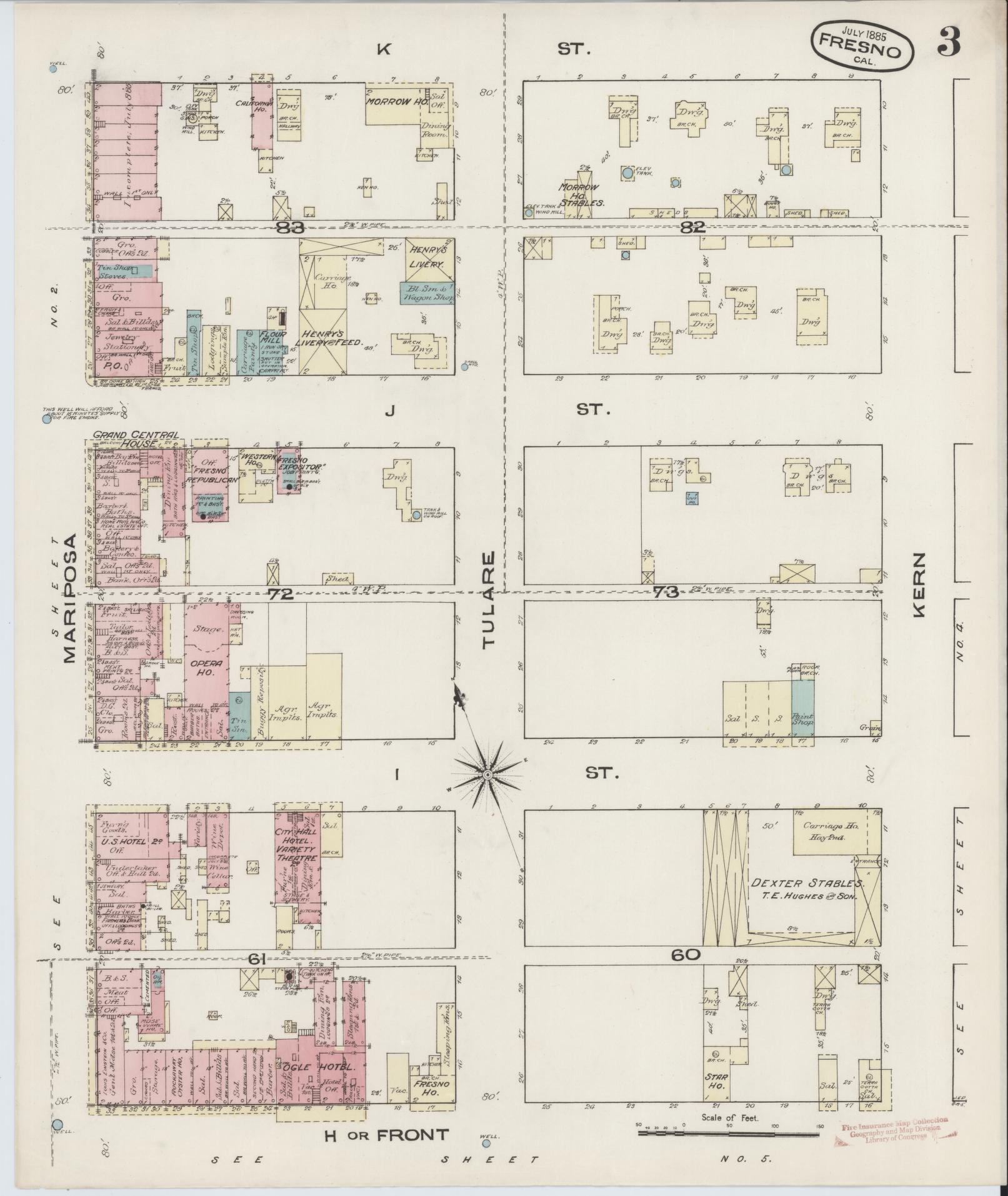 Sanborn Fire Insurance Map from Fresno, Fresno County, California (1885), Sheet #0003 - Historic Sanborn Fire Insurance Map Print, vintage old map wall art, antique decor, genealogy gift, California California map