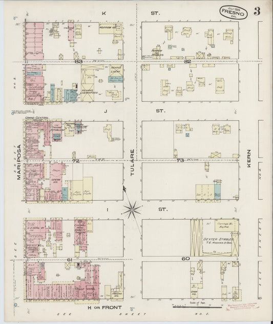 Sanborn Fire Insurance Map from Fresno, Fresno County, California (1885), Sheet #0003 - Historic Sanborn Fire Insurance Map Print, vintage old map wall art, antique decor, genealogy gift, California California map