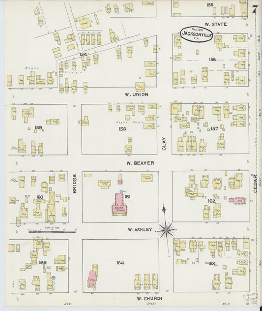 Sanborn Fire Insurance Map from Jacksonville, Duval County, Florida (1891), Sheet #0007 - Historic Sanborn Fire Insurance Map Print, vintage old map wall art, antique decor, genealogy gift, Florida Florida map