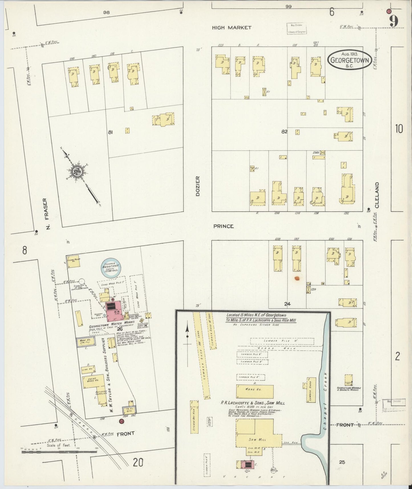Sanborn Fire Insurance Map from Georgetown, Georgetown County, South Carolina (1913), Sheet #0009 - Complete Map Set gallery image, historic Sanborn map, vintage wall art, South Carolina South Carolina