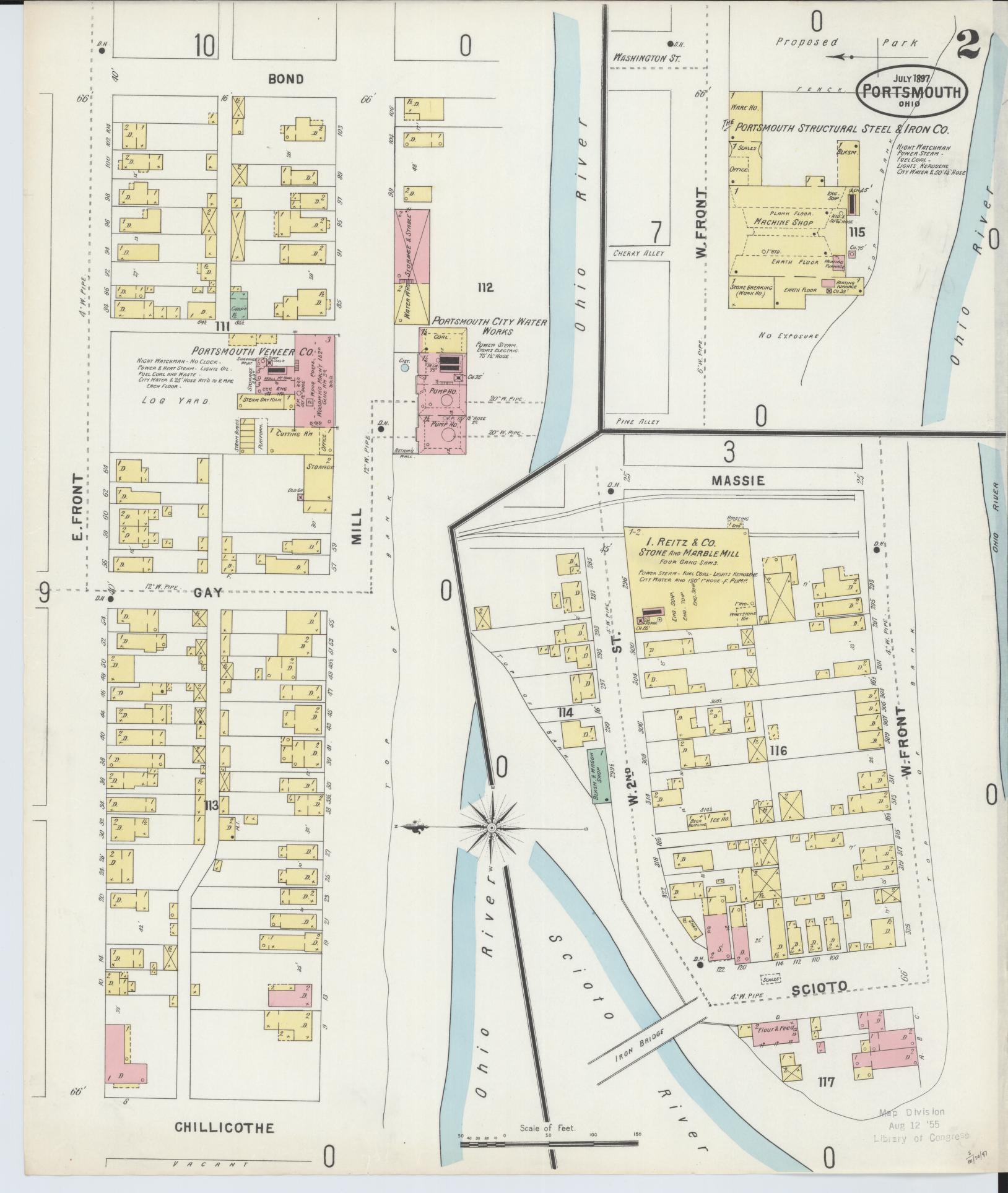 Sanborn Fire Insurance Map from Portsmouth, Scioto County, Ohio (1897), Sheet #0002 - Historic Sanborn Fire Insurance Map Print, vintage old map wall art, antique decor, genealogy gift, Ohio Ohio map
