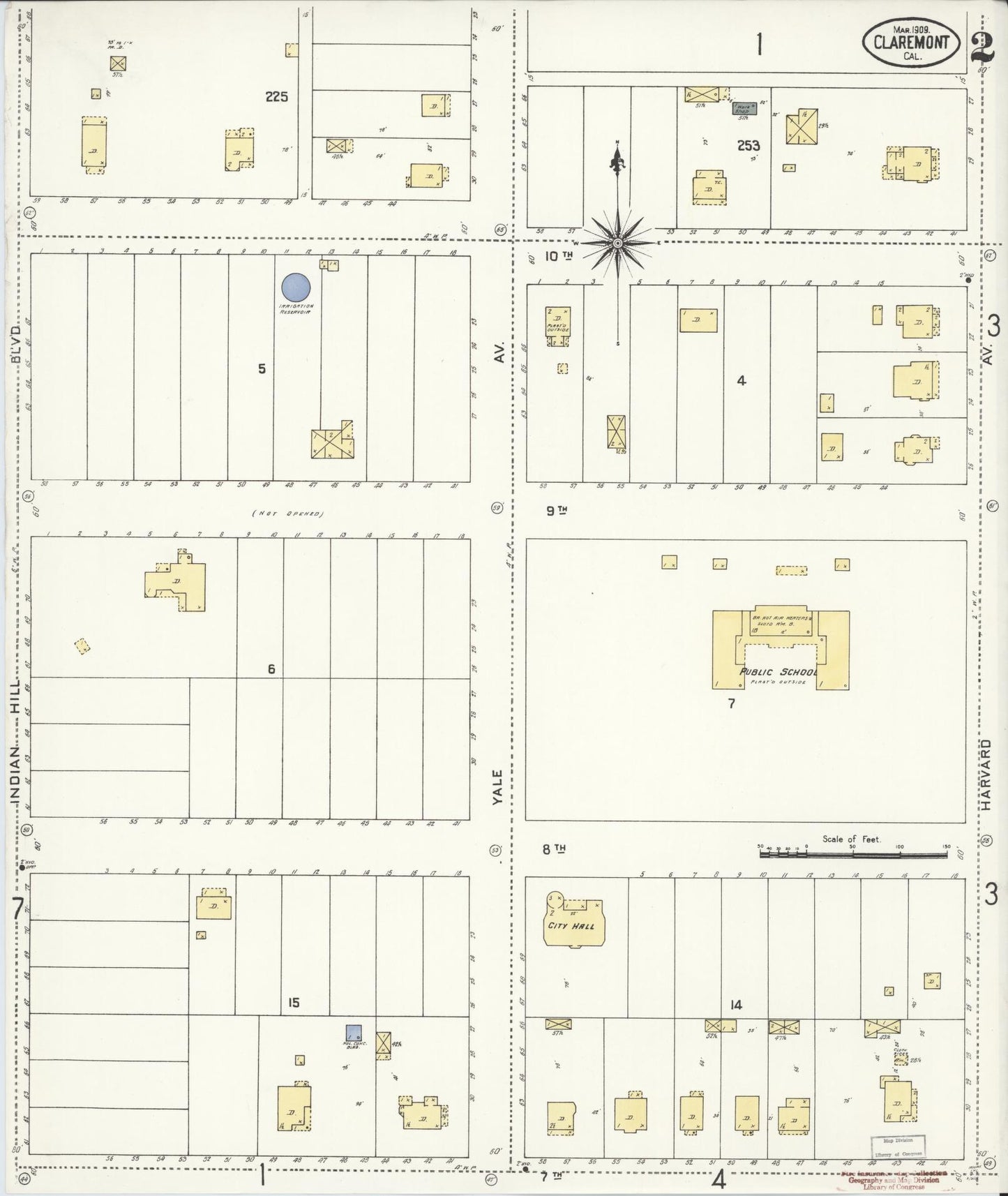 Sanborn Fire Insurance Map from Claremont, Los Angeles County, California (1909), Sheet #0002 - Complete Map Set gallery image, historic Sanborn map, vintage wall art, California California