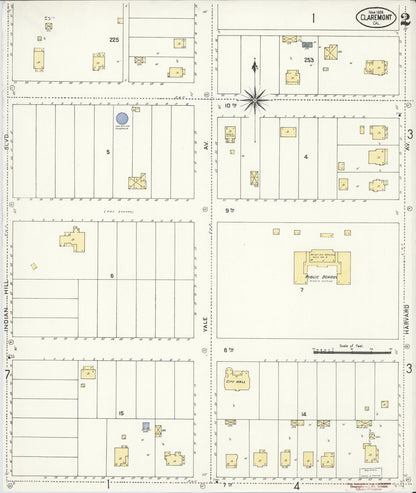 Sanborn Fire Insurance Map from Claremont, Los Angeles County, California (1909), Sheet #0002 - Complete Map Set gallery image, historic Sanborn map, vintage wall art, California California