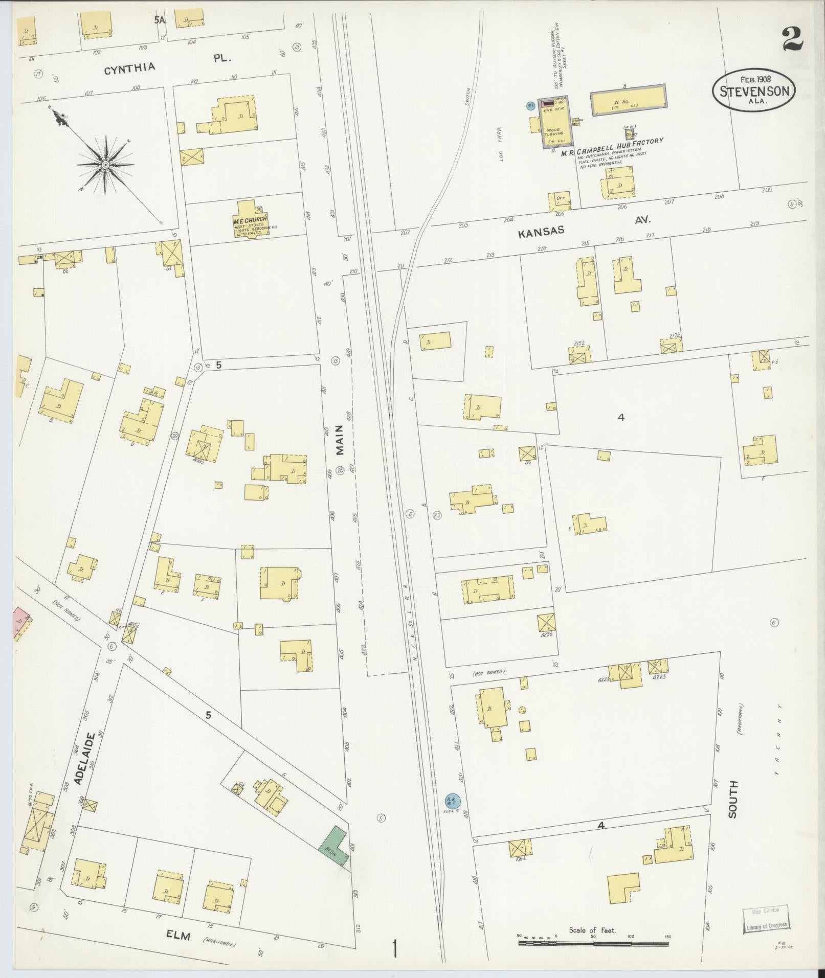Sanborn Fire Insurance Map from Stevenson, Jackson County, Alabama (1908), Sheet #0002 - Historic Sanborn Fire Insurance Map Print, vintage old map wall art, antique decor, genealogy gift, Alabama Alabama map