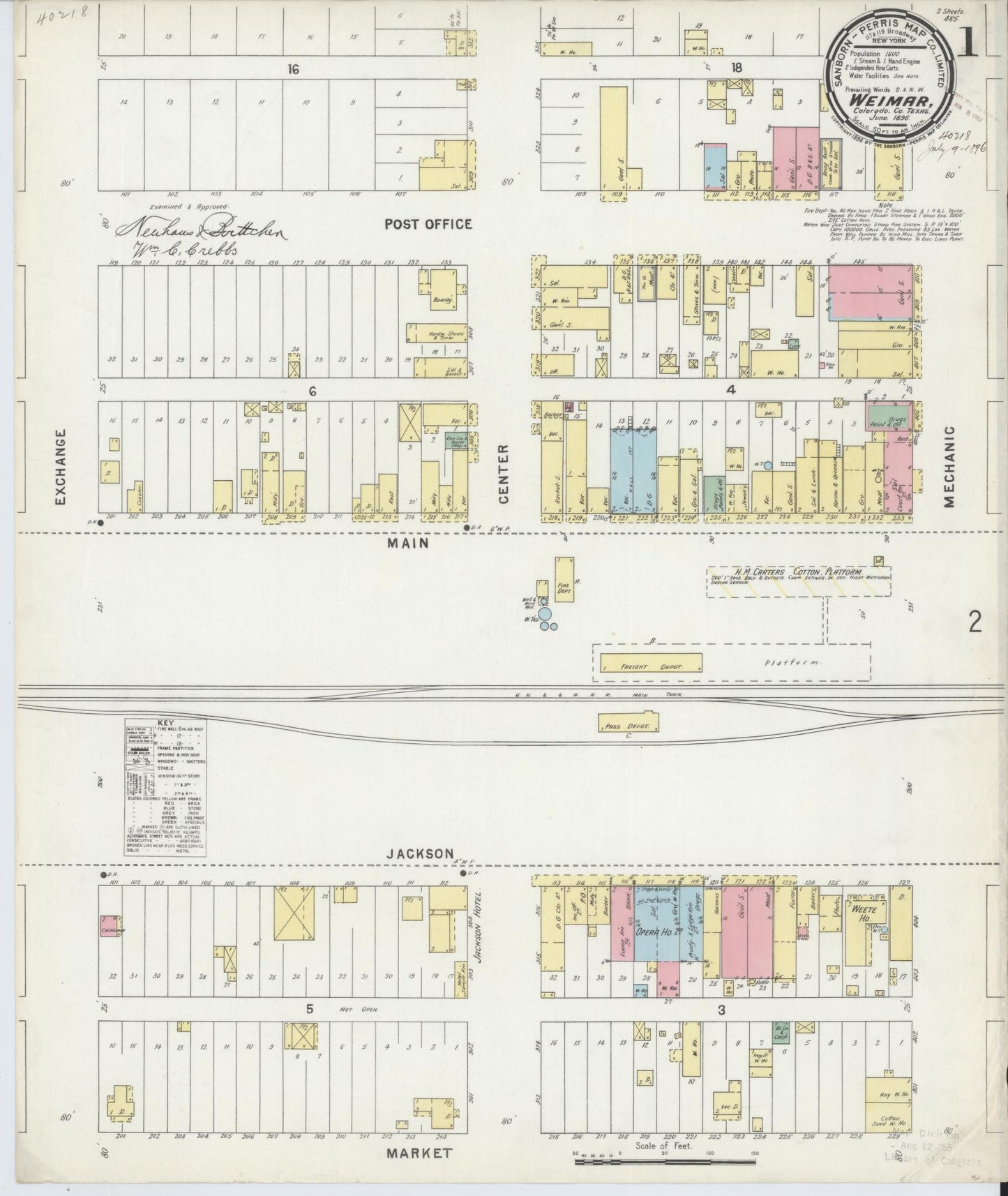 Sanborn Fire Insurance Map from Weimar, Colorado County, Texas (1896), Sheet #0001 - Historic Sanborn Fire Insurance Map Print, vintage old map wall art, antique decor, genealogy gift, Weimar Colorado map