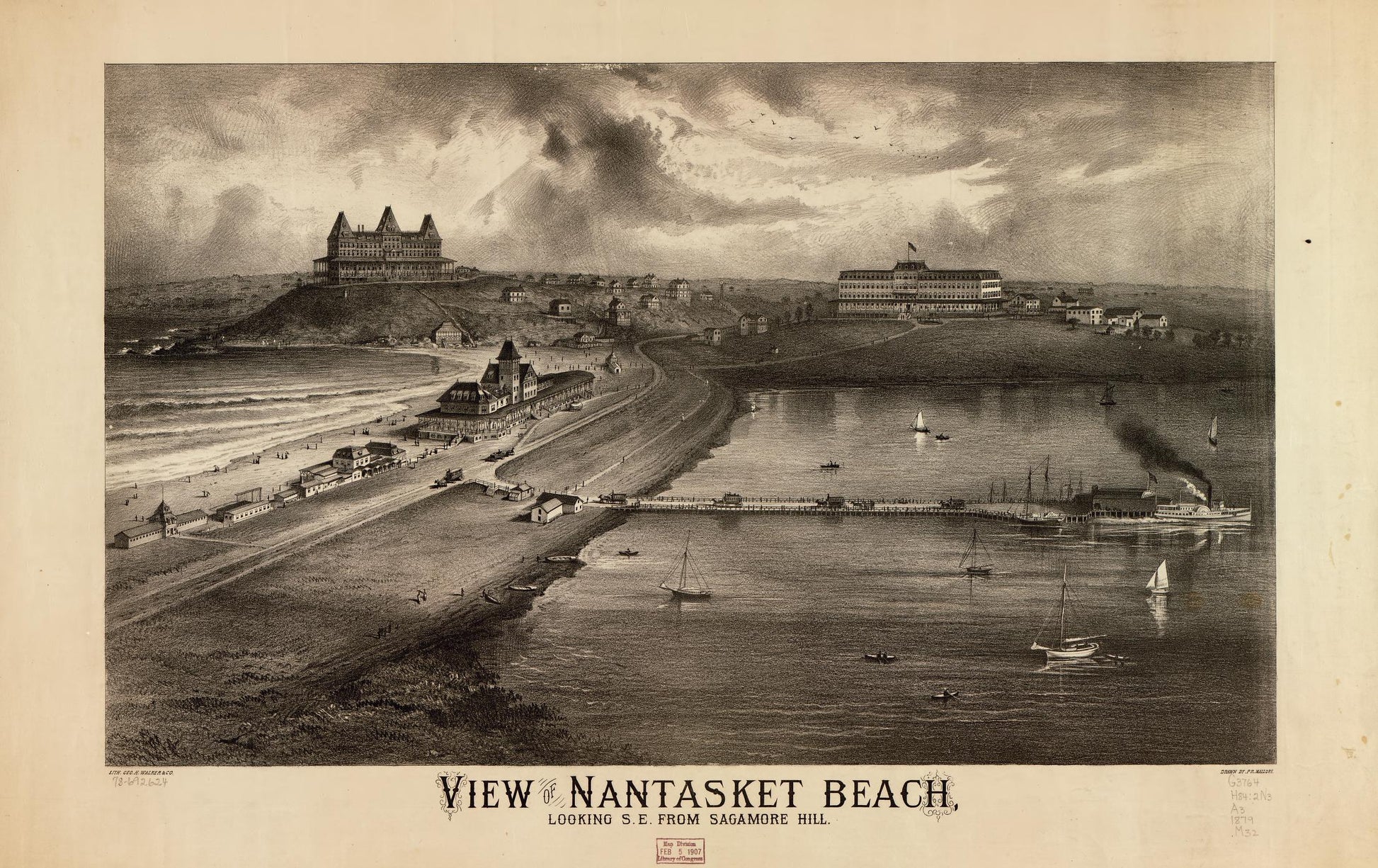 View of Nantasket Beach, looking S.E. from Sagamore Hill. (1879) – Historic Bird’s-Eye View Panorama Print
