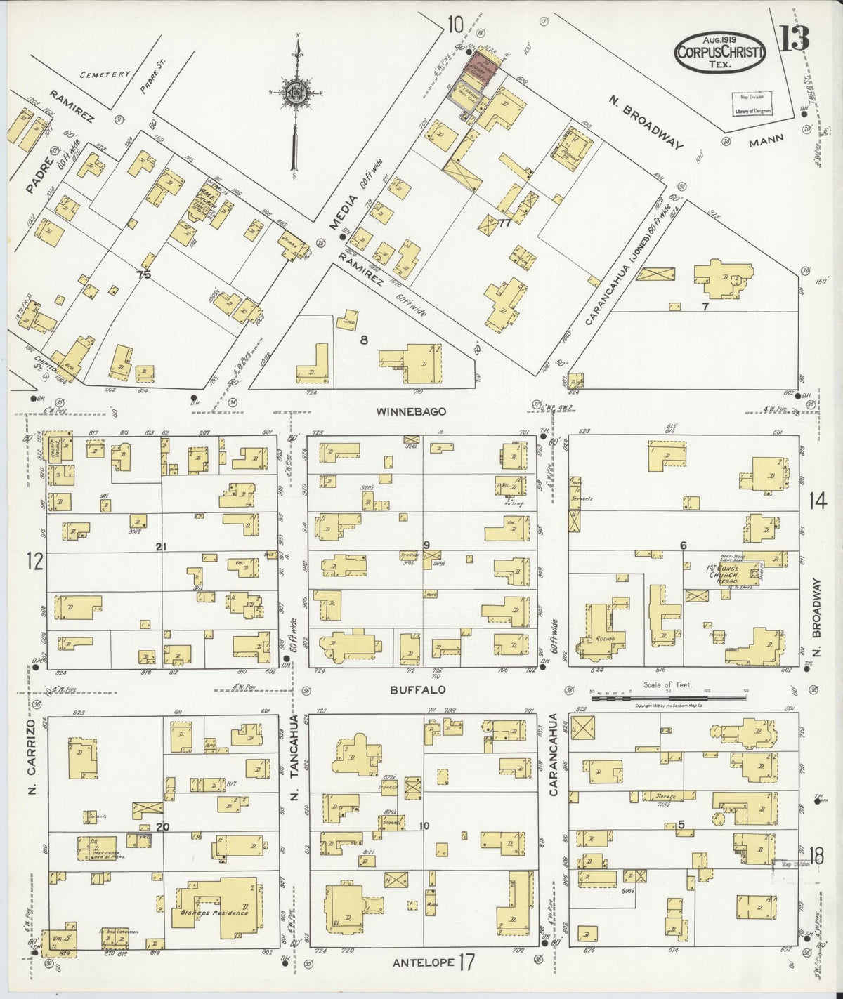 Sanborn Fire Insurance Map from Corpus Christi, Nueces County, Texas (1919), Sheet #0013 - Complete Map Set gallery image, historic Sanborn map, vintage wall art, Texas Texas