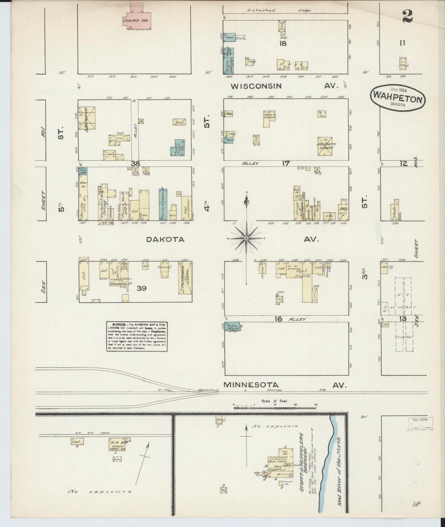 Sanborn Fire Insurance Map from Wahpeton, Richland County, North Dakota (1884), Sheet #0002 - Complete Map Set gallery image, historic Sanborn map, vintage wall art, North Dakota North Dakota