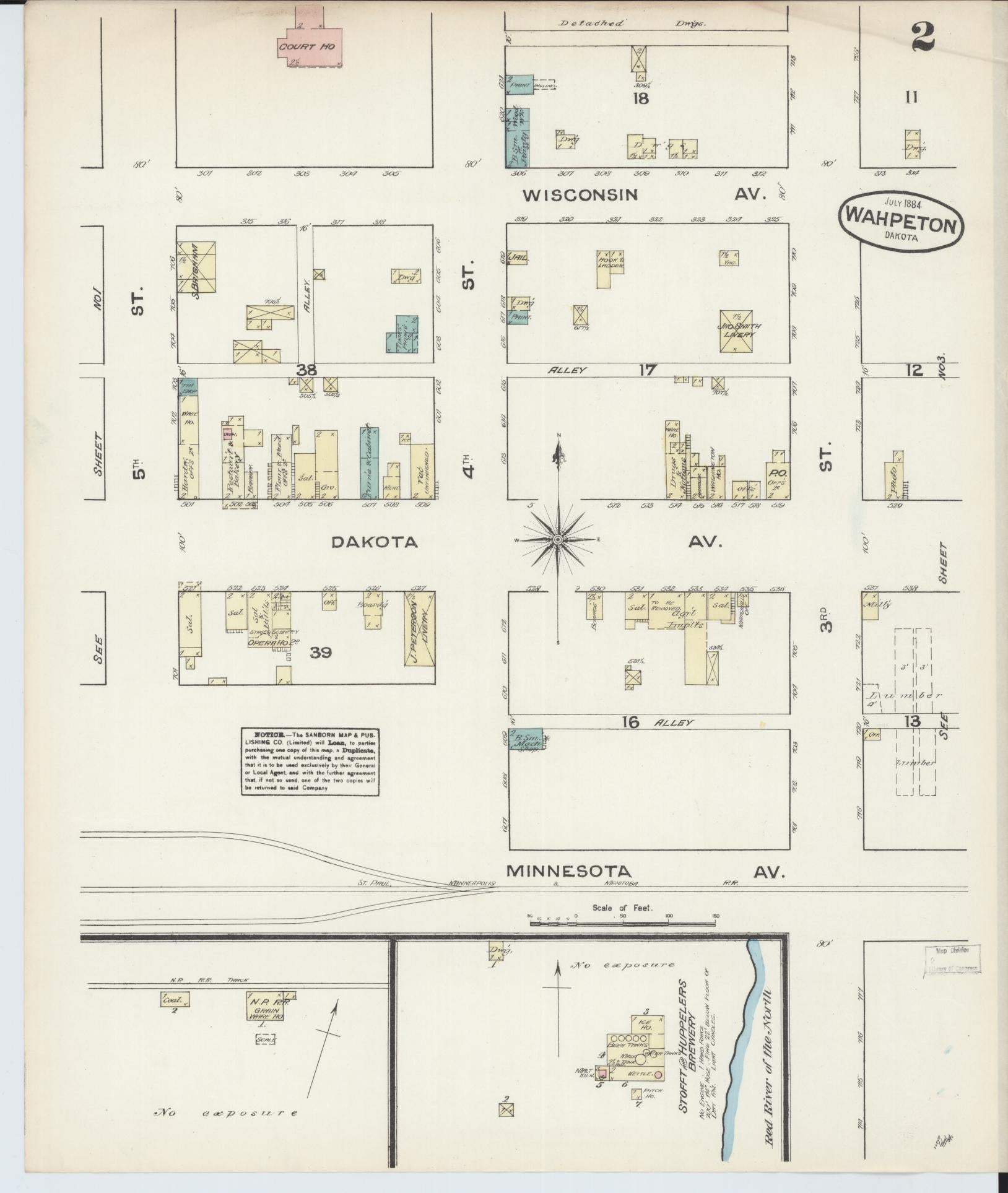 Sanborn Fire Insurance Map from Wahpeton, Richland County, North Dakota (1884), Sheet #0002 - Complete Map Set gallery image, historic Sanborn map, vintage wall art, North Dakota North Dakota