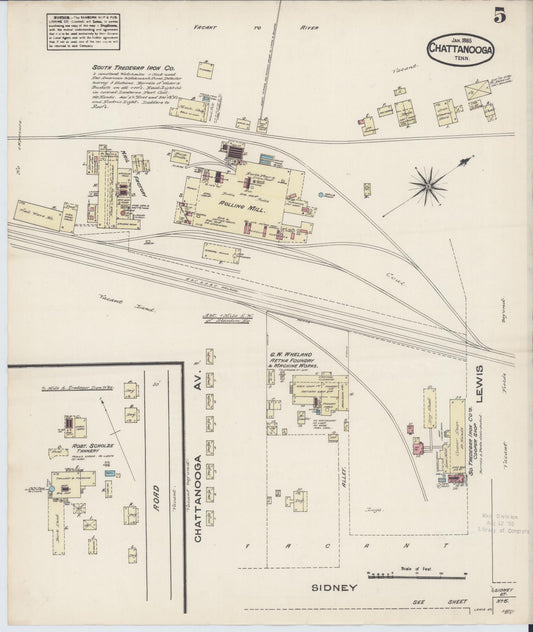 Sanborn Fire Insurance Map from Chattanooga, Hamilton County, Tennessee (1885), Sheet #0005 - Historic Sanborn Fire Insurance Map Print, vintage old map wall art, antique decor, genealogy gift, Tennessee Tennessee map