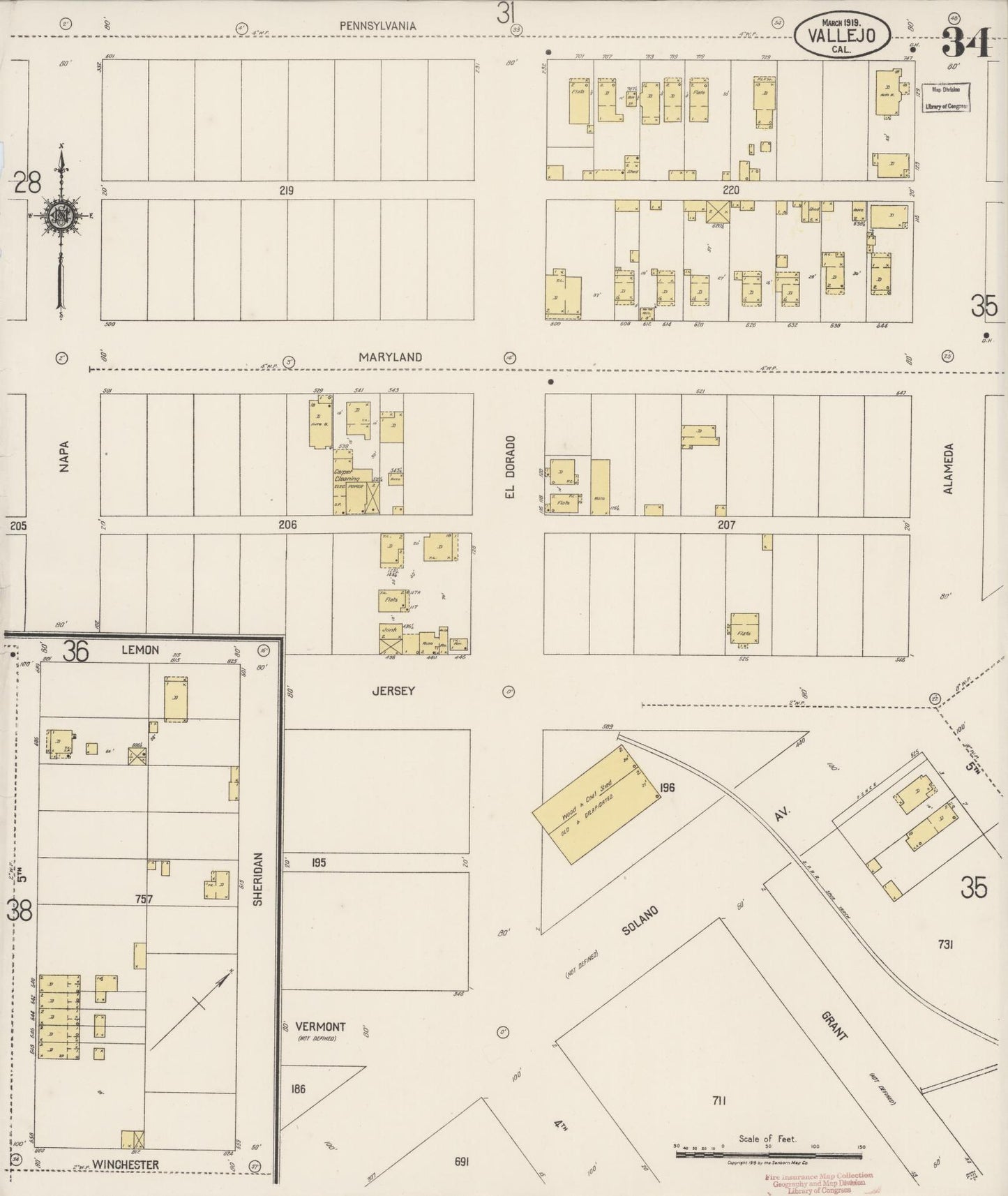 Sanborn Fire Insurance Map from Vallejo, Solano County, California (1919), Sheet #0034 - Complete Map Set gallery image, historic Sanborn map, vintage wall art, California California