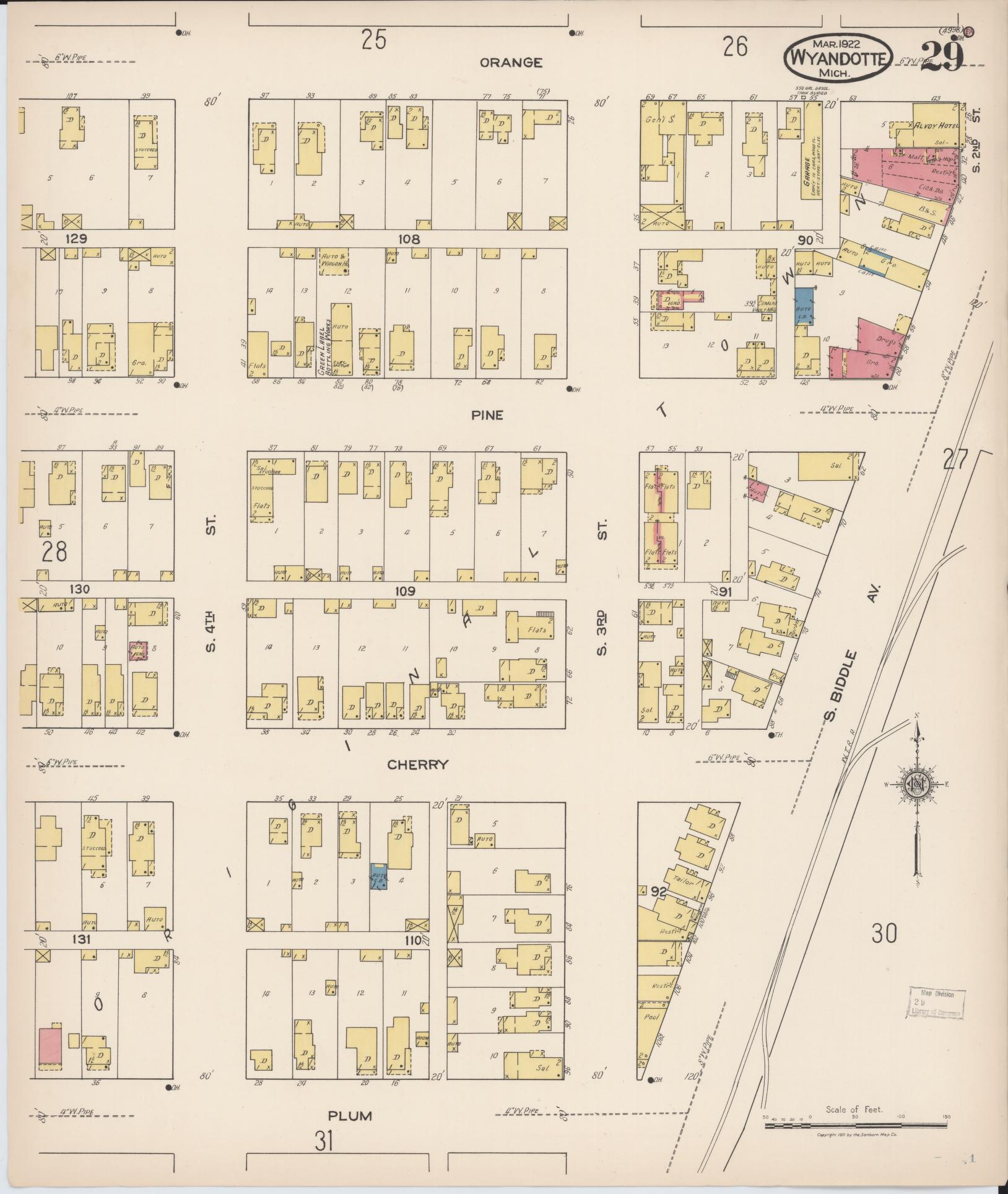 Sanborn Fire Insurance Map from Wyandotte, Wayne County, Michigan (1922), Sheet #0029 - Historic Sanborn Fire Insurance Map Print, vintage old map wall art, antique decor, genealogy gift, Michigan Michigan map