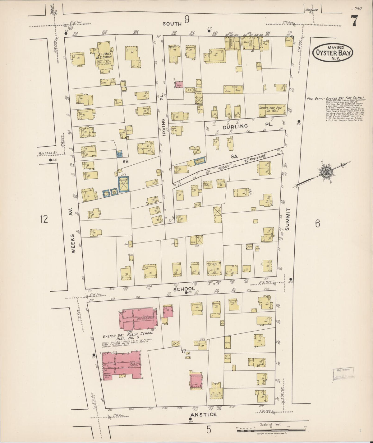 Sanborn Fire Insurance Map from Oyster Bay, Nassau County, New York (1922), Sheet #0007 - Historic Sanborn Fire Insurance Map Print, vintage old map wall art, antique decor, genealogy gift, New York New York map