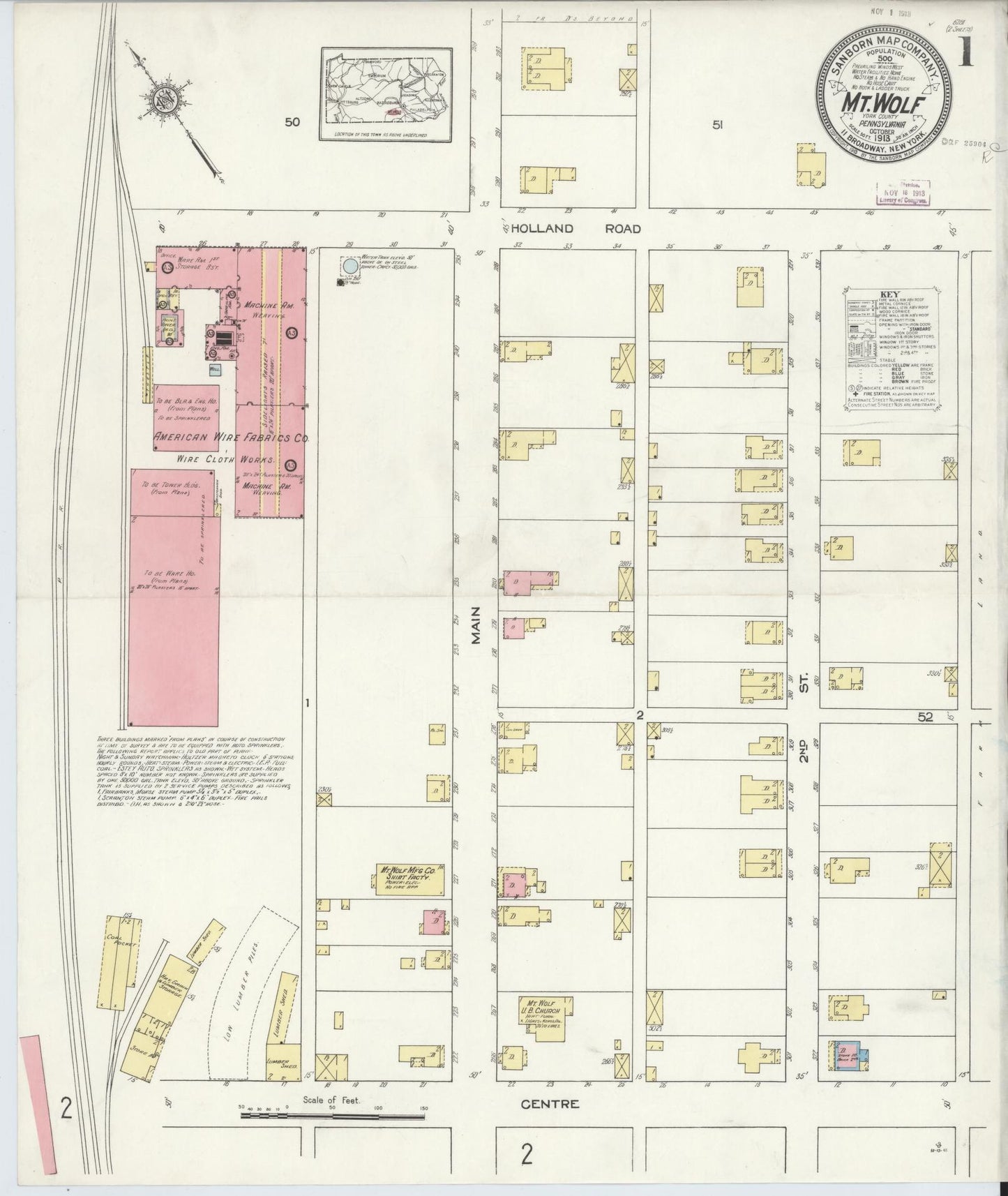 Sanborn Fire Insurance Map from Mount Wolf, York County, Pennsylvania (1913), Sheet #0001 - Complete Map Set gallery image, historic Sanborn map, vintage wall art, Pennsylvania Pennsylvania