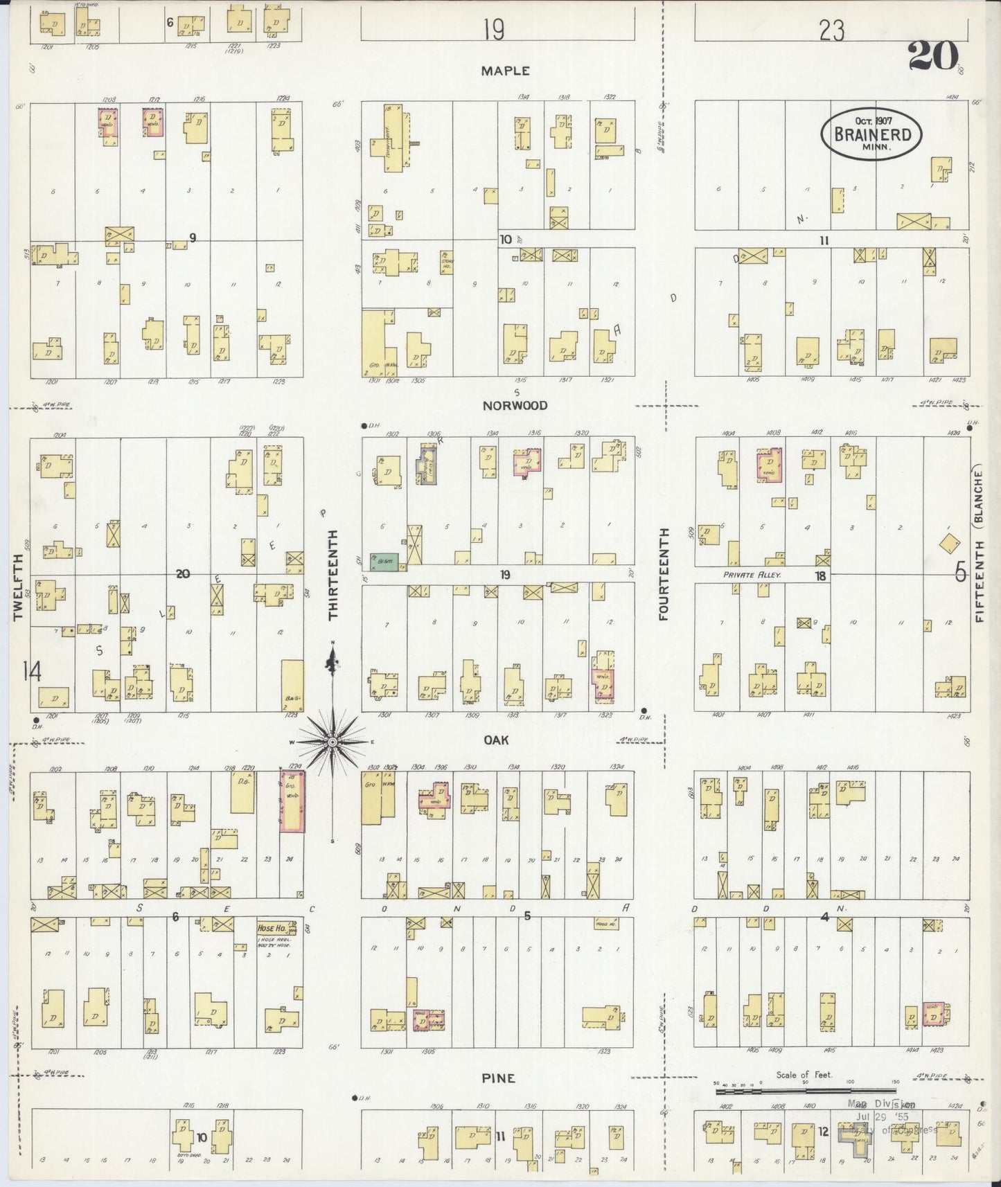 Sanborn Fire Insurance Map from Brainerd, Crow Wing County, Minnesota (1907), Sheet #0020 - Historic Sanborn Fire Insurance Map Print, vintage old map wall art, antique decor, genealogy gift, Minnesota Minnesota map