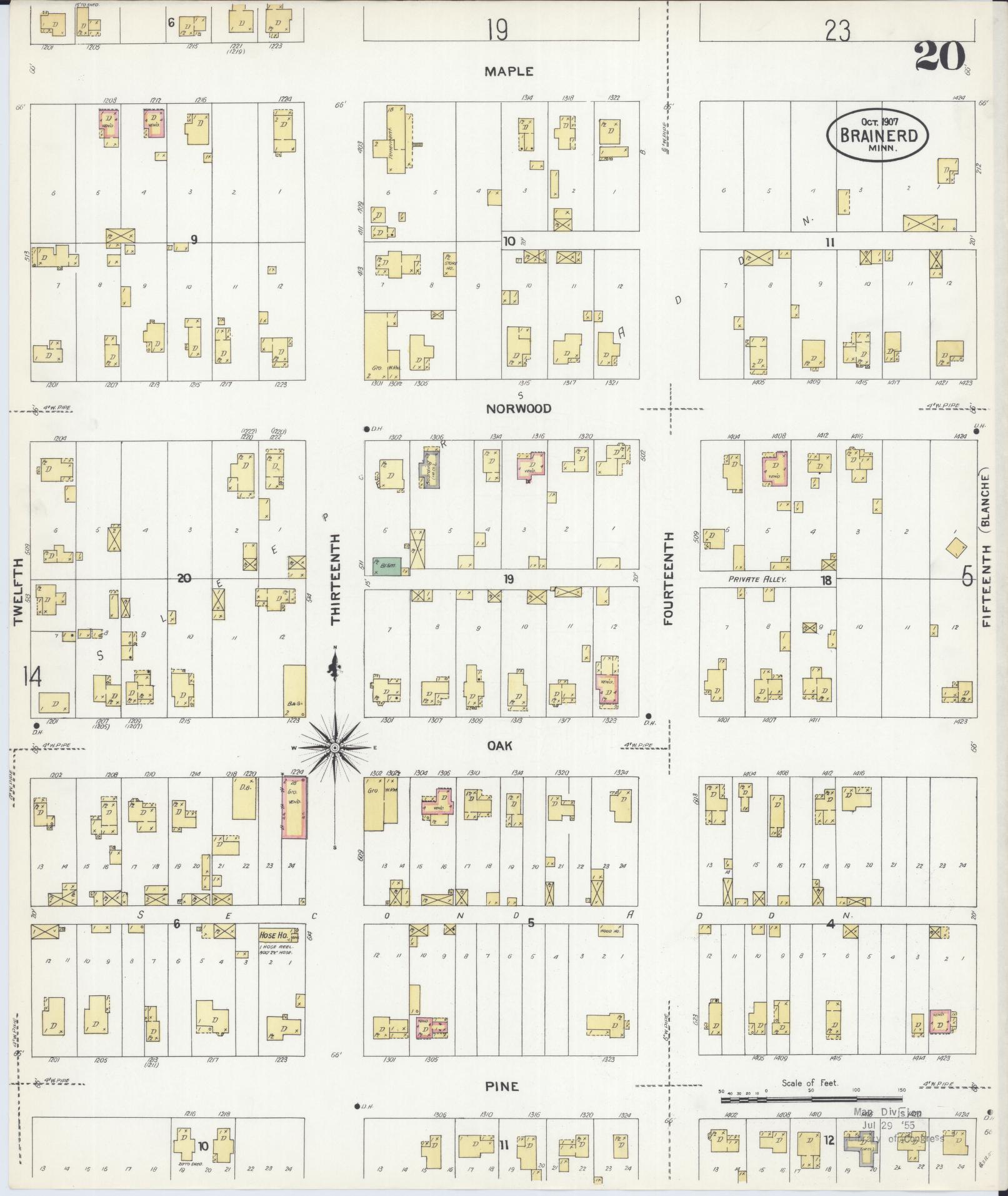 Sanborn Fire Insurance Map from Brainerd, Crow Wing County, Minnesota (1907), Sheet #0020 - Historic Sanborn Fire Insurance Map Print, vintage old map wall art, antique decor, genealogy gift, Minnesota Minnesota map