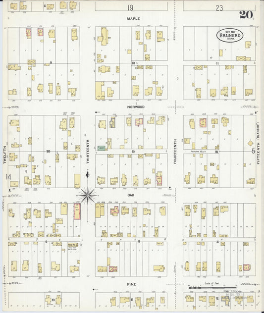 Sanborn Fire Insurance Map from Brainerd, Crow Wing County, Minnesota (1907), Sheet #0020 - Historic Sanborn Fire Insurance Map Print, vintage old map wall art, antique decor, genealogy gift, Minnesota Minnesota map