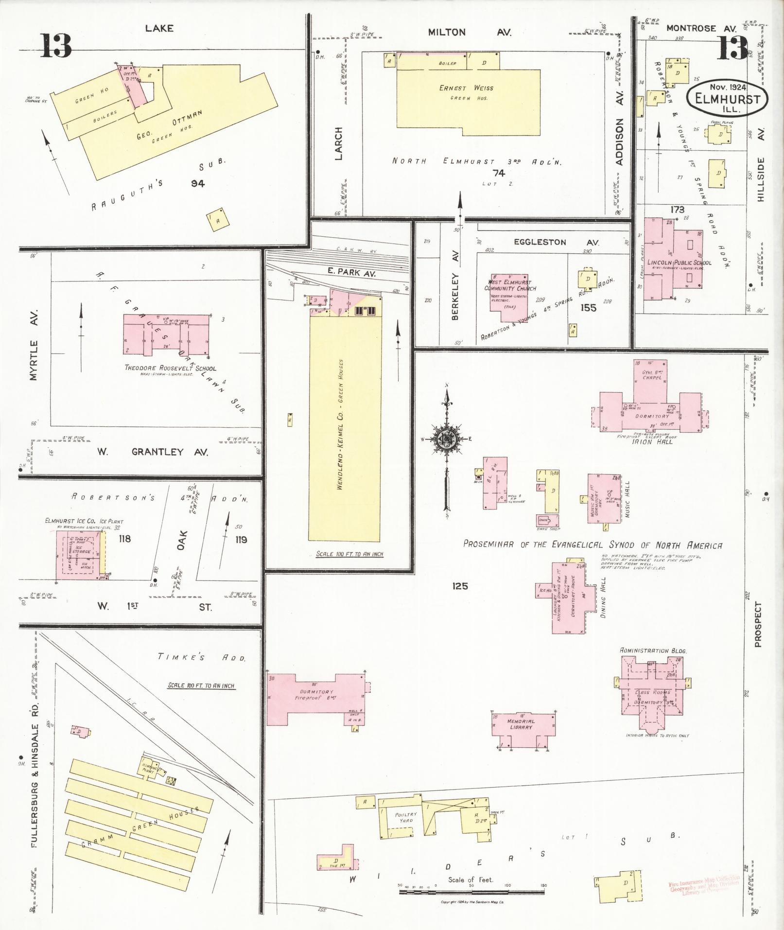 Sanborn Fire Insurance Map from Elmhurst, Du Page County, Illinois (1924), Sheet #0013 - Complete Map Set gallery image, historic Sanborn map, vintage wall art, Illinois Illinois