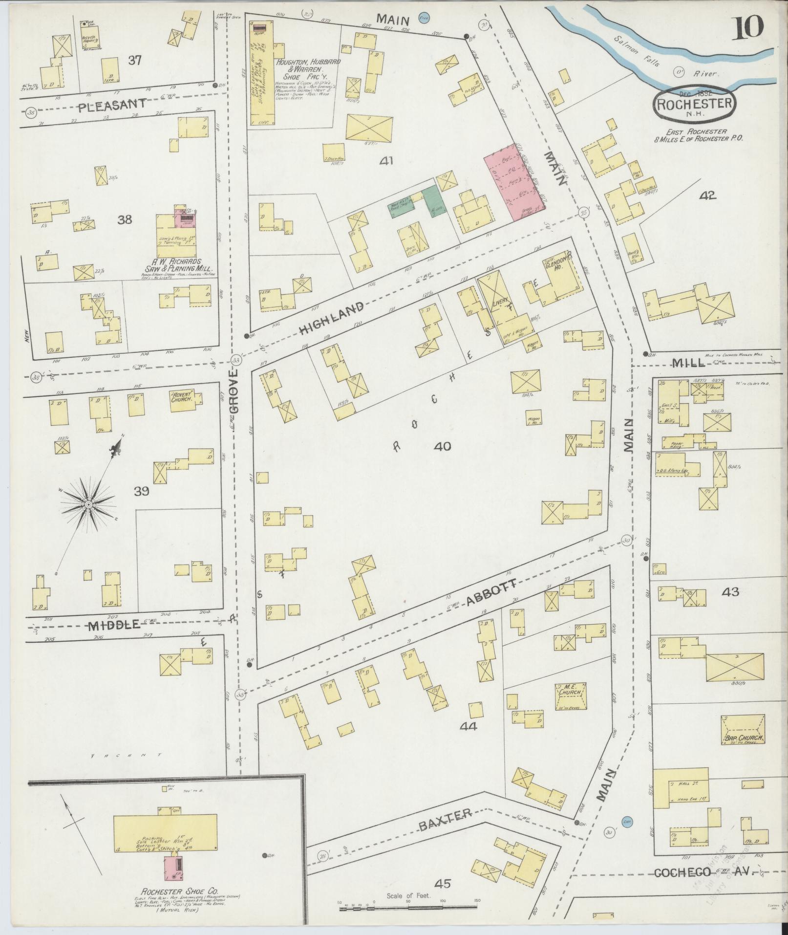 Sanborn Fire Insurance Map from Rochester, Strafford County, New Hampshire (1892), Sheet #0010 - Historic Sanborn Fire Insurance Map Print, vintage old map wall art, antique decor, genealogy gift, New Hampshire New Hampshire map