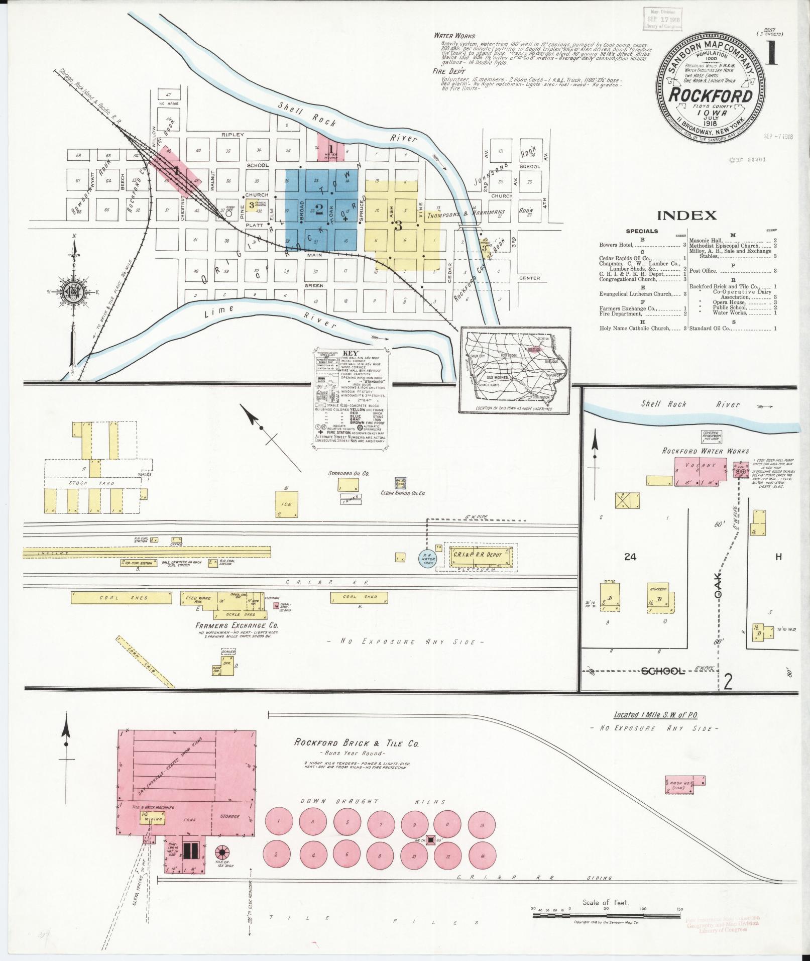Sanborn Fire Insurance Map from Rockford, Floyd County, Iowa (1918), Sheet #0001 - Historic Sanborn Fire Insurance Map Print, vintage old map wall art