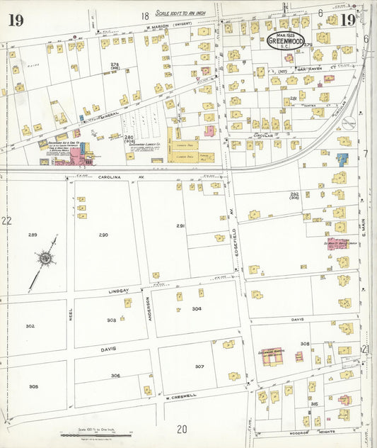 Sanborn Fire Insurance Map from Greenwood, Greenwood County, South Carolina (1923), Sheet #0019 - Historic Sanborn Fire Insurance Map Print, vintage old map wall art, antique decor, genealogy gift, South Carolina South Carolina map