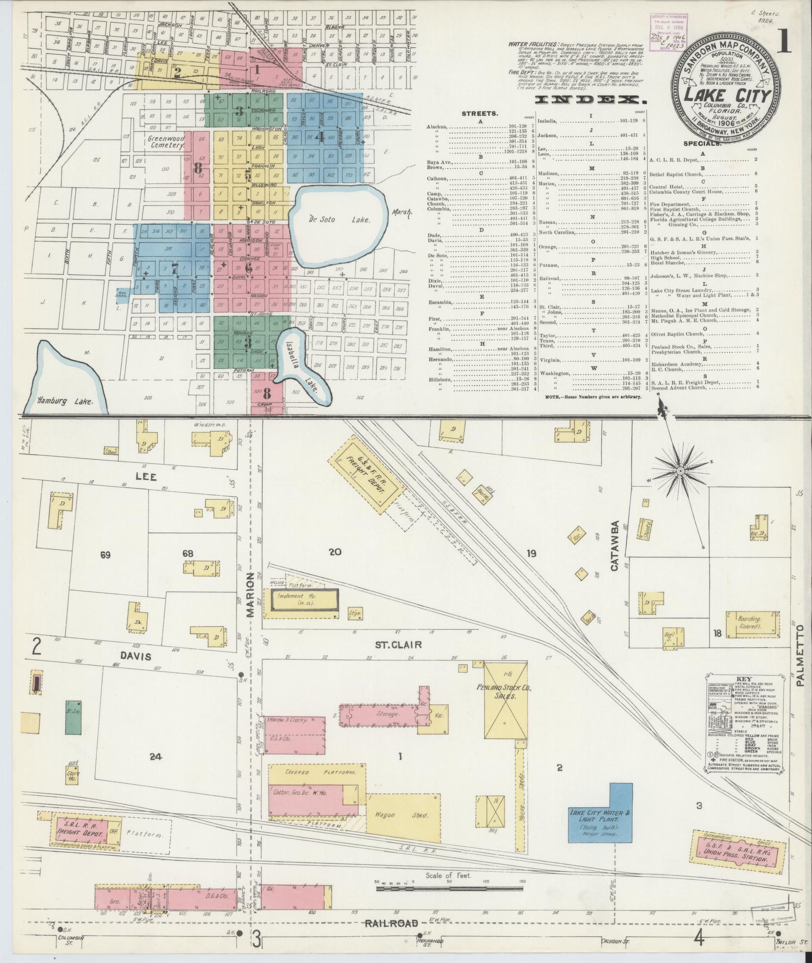 Sanborn Fire Insurance Map from Lake City, Columbia County, Florida (1906), Sheet #0001 - Historic Sanborn Fire Insurance Map Print, vintage old map wall art, antique decor, genealogy gift, Florida Florida map