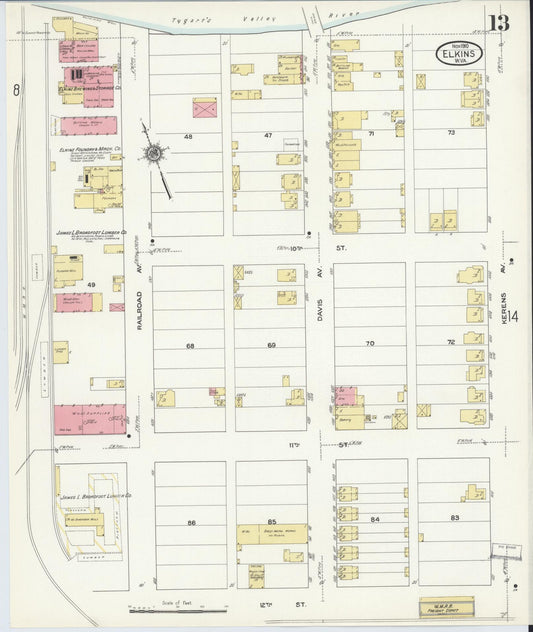 Sanborn Fire Insurance Map from Elkins, Randolph County, West Virginia (1910), Sheet #0013 - Historic Sanborn Fire Insurance Map Print, vintage old map wall art, antique decor, genealogy gift, West Virginia West Virginia map