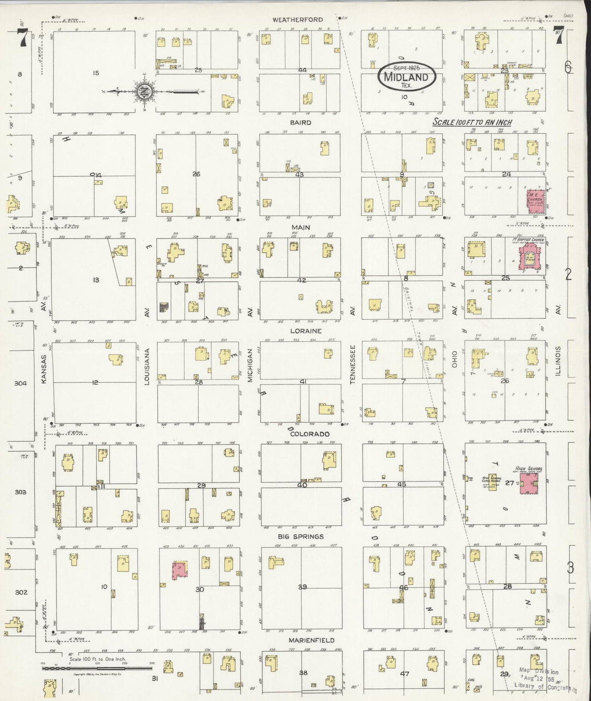 Sanborn Fire Insurance Map from Midland, Midland County, Texas (1925), Sheet #0007 - Historic Sanborn Fire Insurance Map Print, vintage old map wall art, antique decor, genealogy gift, Texas Texas map