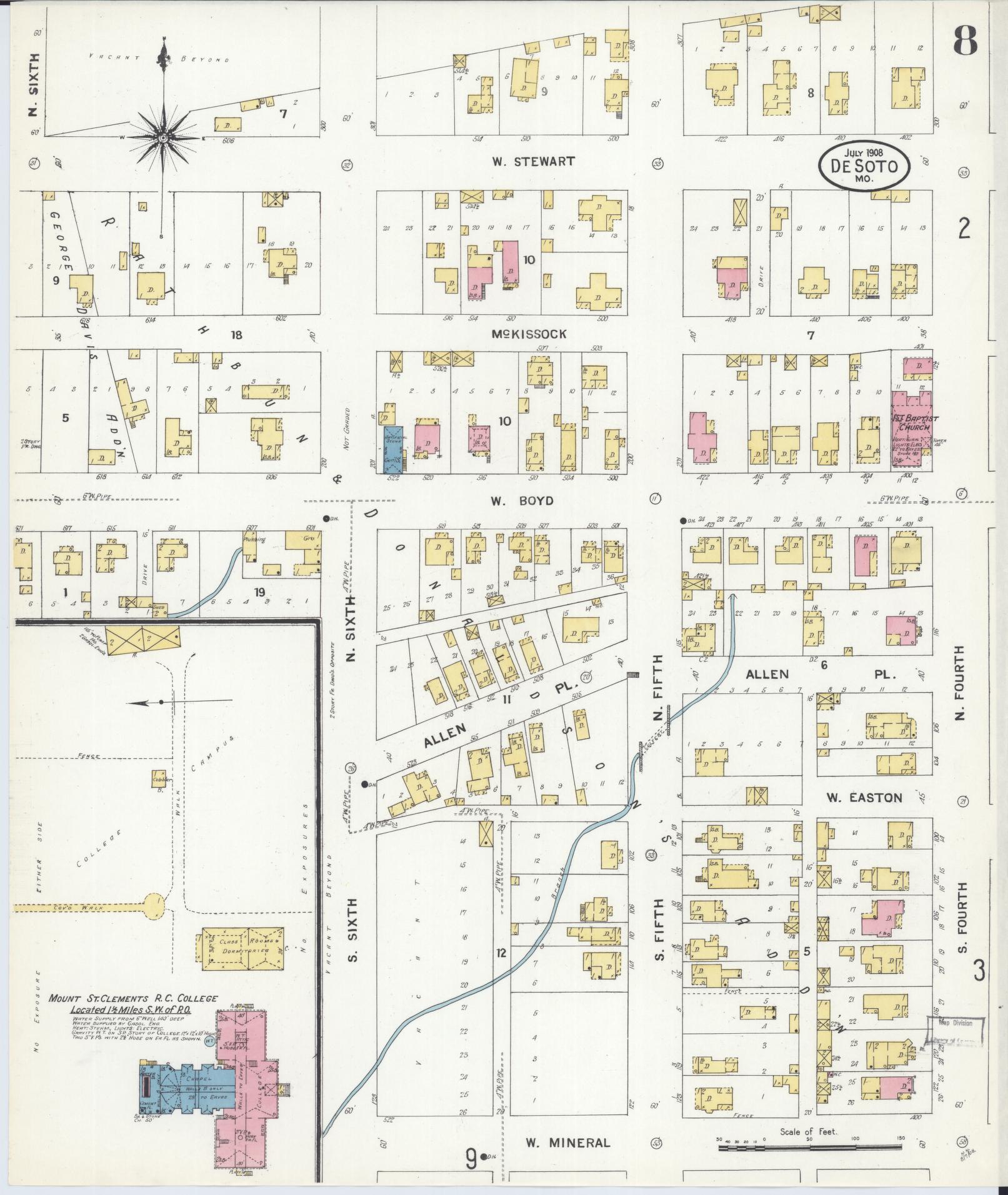 Sanborn Fire Insurance Map from De Soto, Jefferson County, Missouri (1908), Sheet #0008 - Historic Sanborn Fire Insurance Map Print, vintage old map wall art, antique decor, genealogy gift, Missouri Missouri map