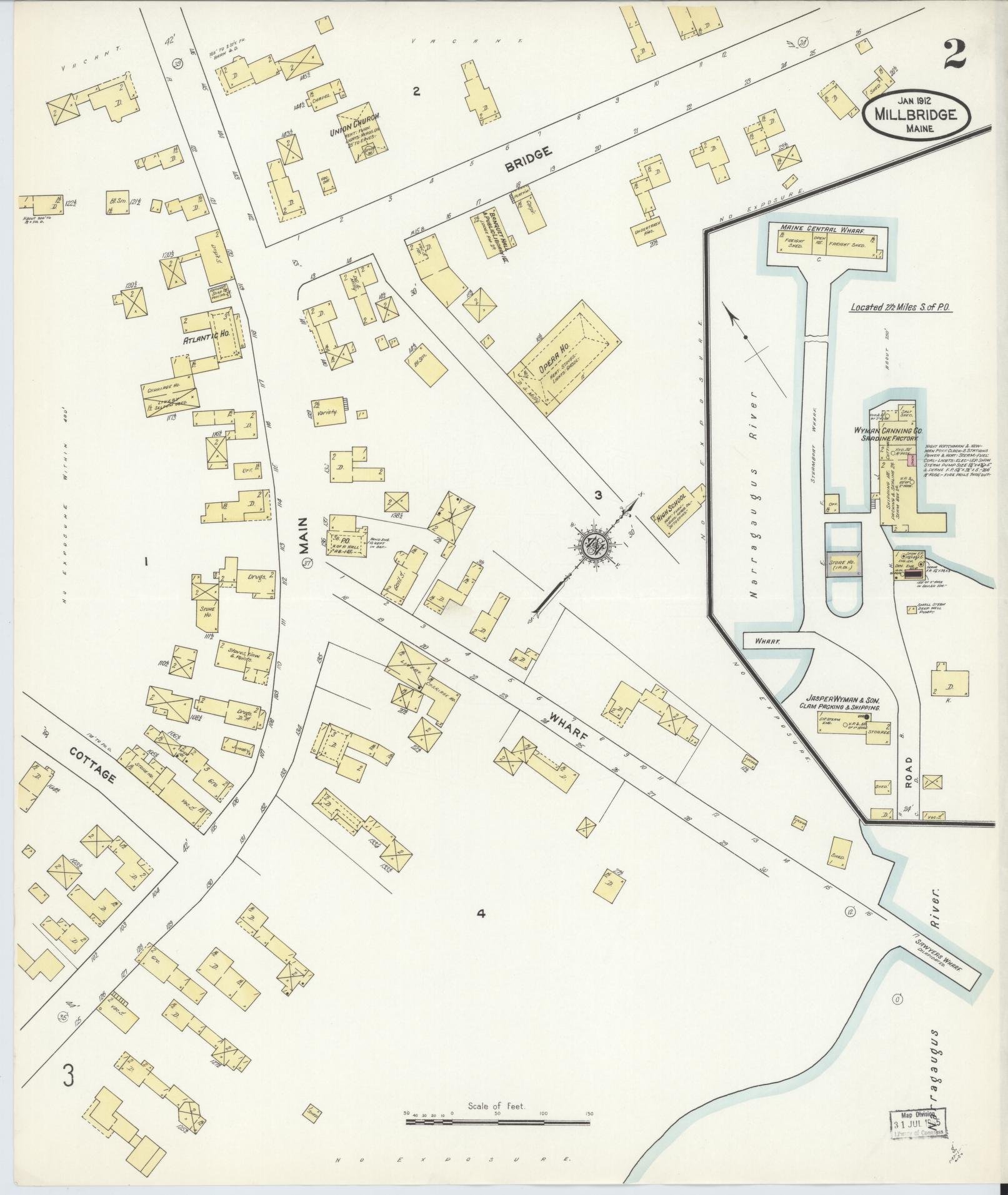 Sanborn Fire Insurance Map from Millbridge, Washington County, Maine (1912), Sheet #0002 - Historic Sanborn Fire Insurance Map Print, vintage old map wall art, antique decor, genealogy gift, Maine Maine map