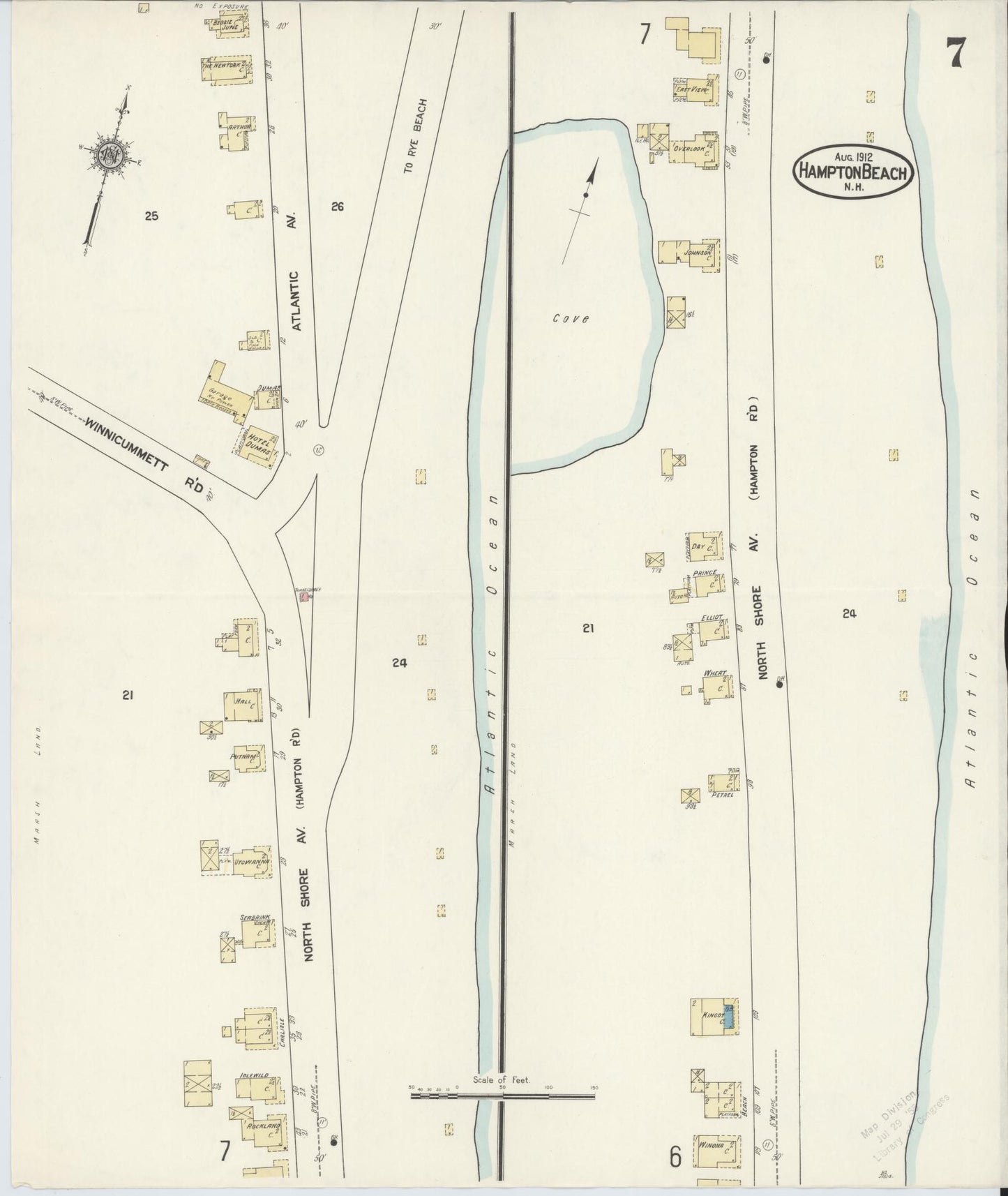 Sanborn Fire Insurance Map from Hampton Beach, Rockingham County, New Hampshire (1912), Sheet #0007 - Historic Sanborn Fire Insurance Map Print, vintage old map wall art, antique decor, genealogy gift, New Hampshire New Hampshire map