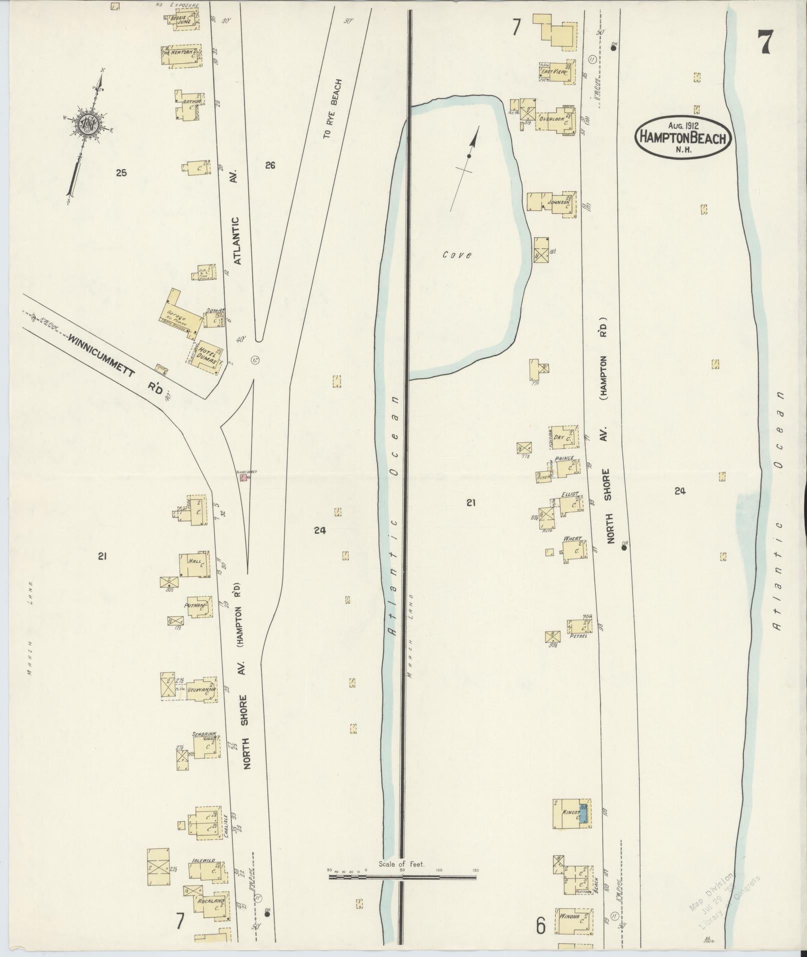 Sanborn Fire Insurance Map from Hampton Beach, Rockingham County, New Hampshire (1912), Sheet #0007 - Historic Sanborn Fire Insurance Map Print, vintage old map wall art, antique decor, genealogy gift, New Hampshire New Hampshire map