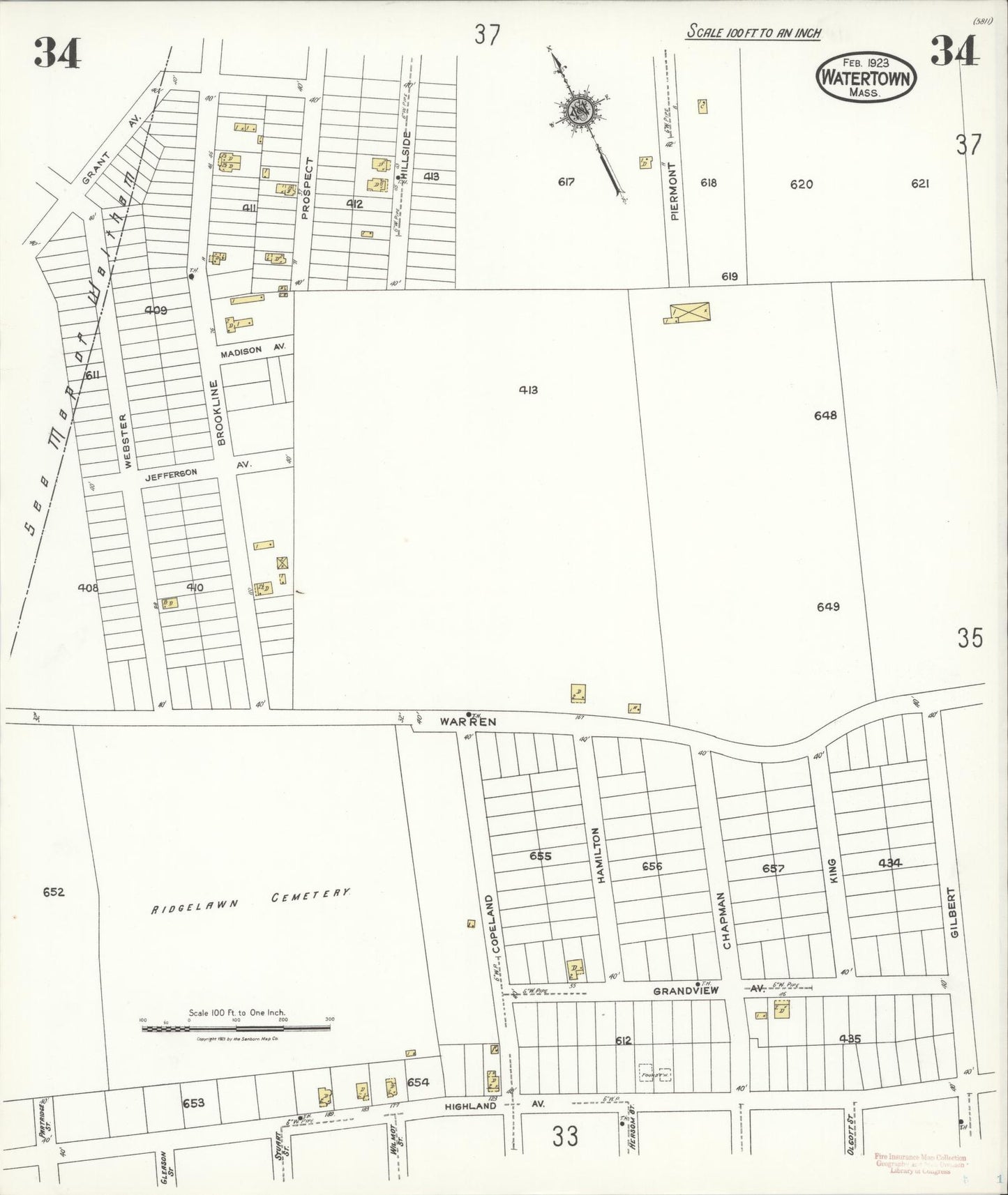 Sanborn Fire Insurance Map from Watertown, Middlesex County, Massachusetts (1923), Sheet #0034 - Complete Map Set gallery image, historic Sanborn map, vintage wall art, Massachusetts Massachusetts