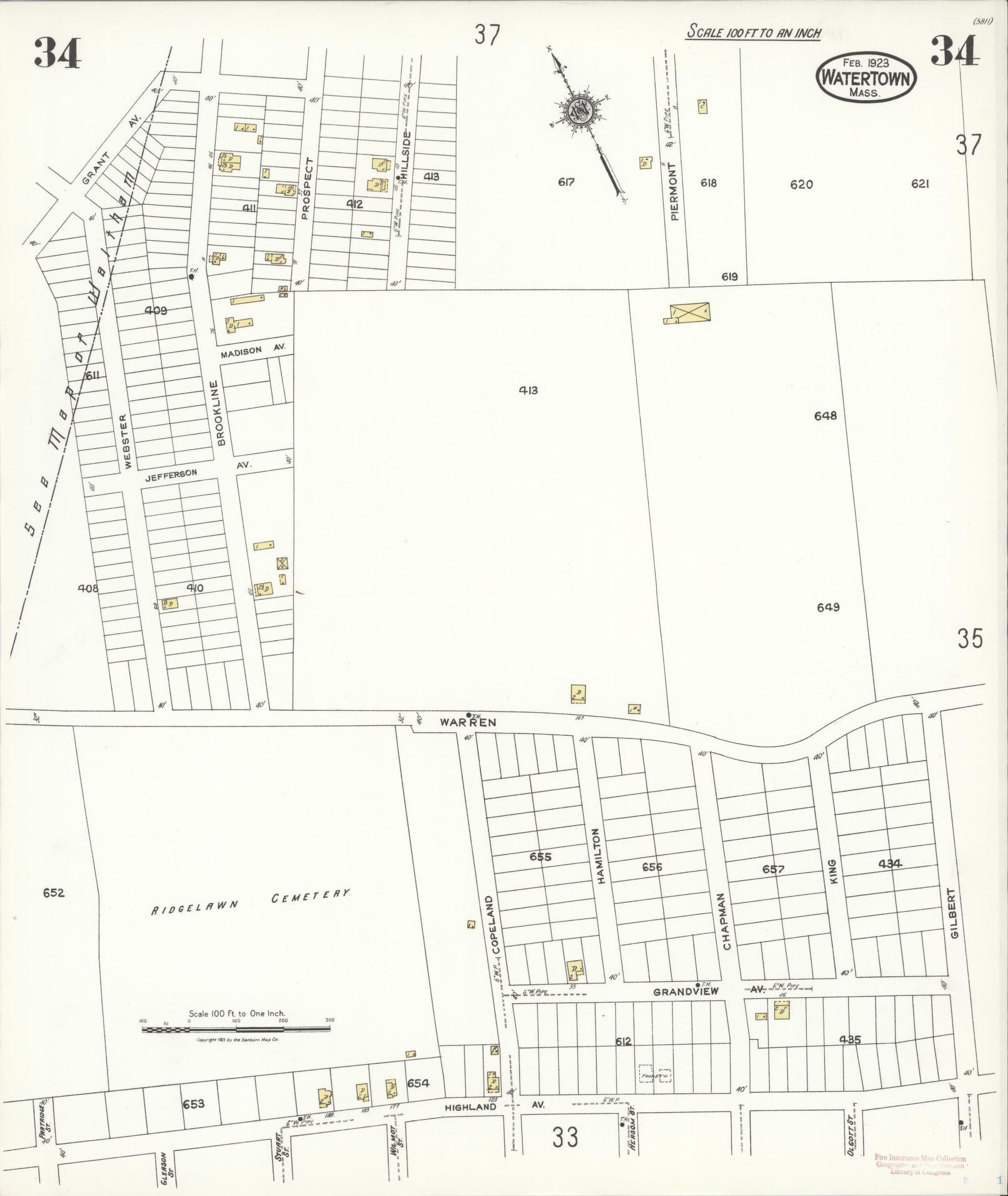 Sanborn Fire Insurance Map from Watertown, Middlesex County, Massachusetts (1923), Sheet #0034 - Complete Map Set gallery image, historic Sanborn map, vintage wall art, Massachusetts Massachusetts