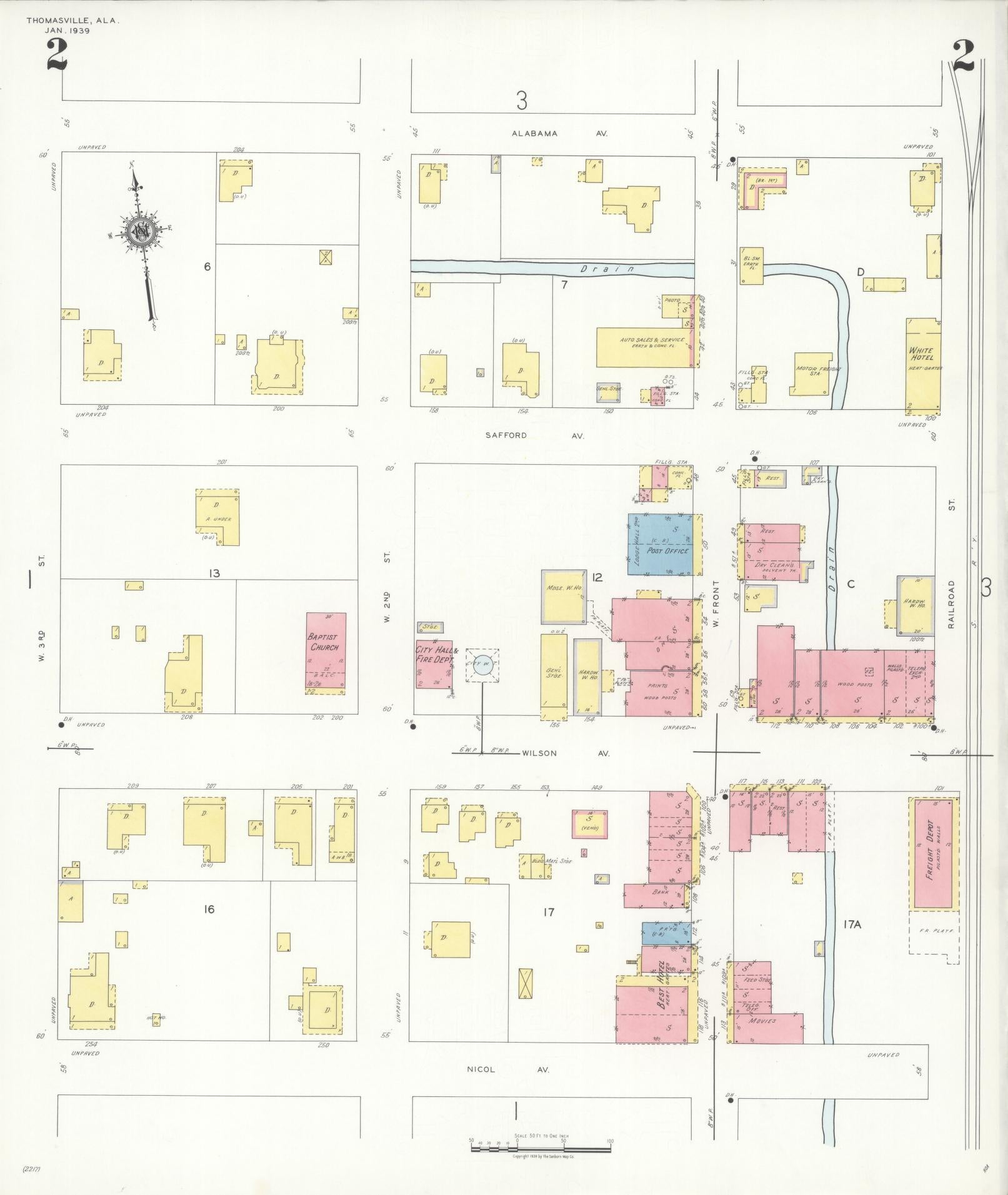 Sanborn Fire Insurance Map from Thomasville, Clarke County, Alabama (1939), Sheet #0002 - Complete Map Set gallery image, historic Sanborn map, vintage wall art, Alabama Alabama