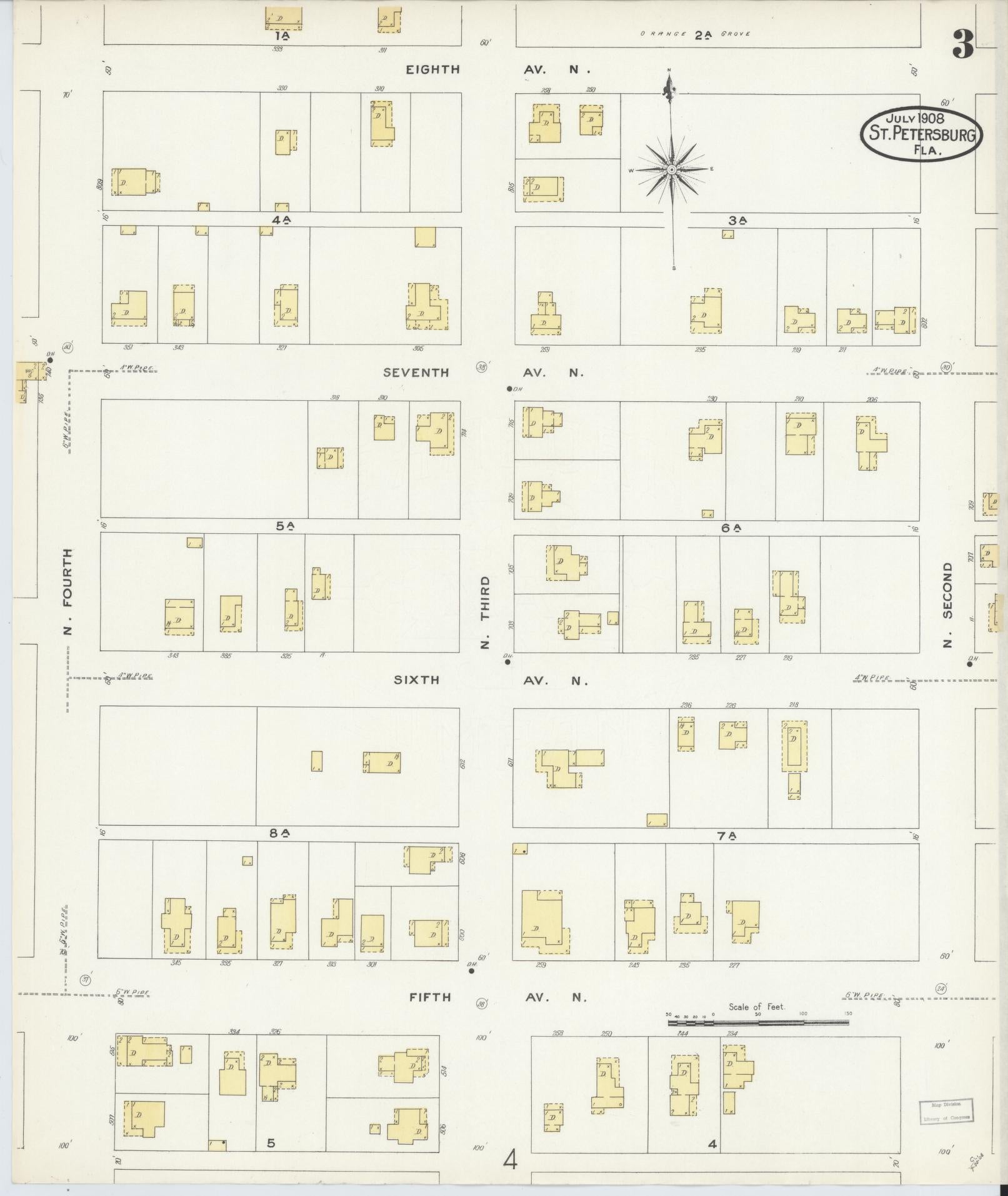 Sanborn Fire Insurance Map from Saint Petersburg, Pinellas County, Florida (1908), Sheet #0003 - Complete Map Set gallery image, historic Sanborn map, vintage wall art, Florida Florida