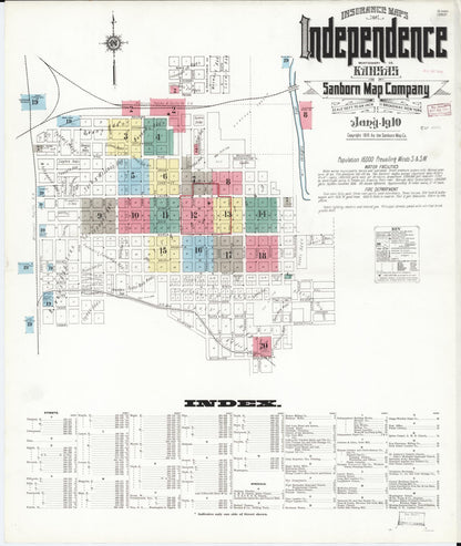 Sanborn Fire Insurance Map from Independence, Montgomery County, Kansas (1910), Sheet #0001 - Complete Map Set gallery image, historic Sanborn map, vintage wall art, Kansas Kansas