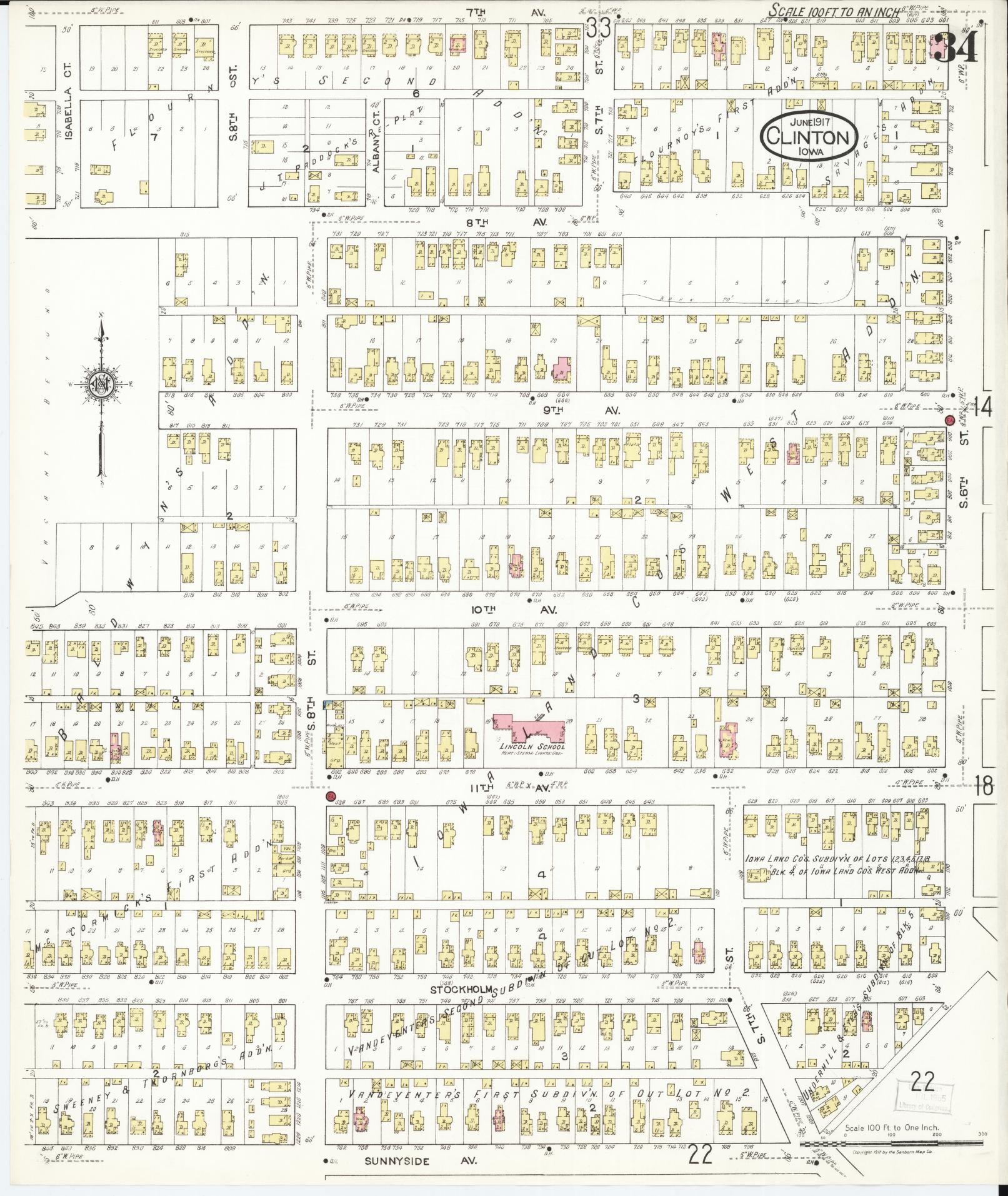 Sanborn Fire Insurance Map from Clinton, Clinton County, Iowa (1917), Sheet #0034 - Historic Sanborn Fire Insurance Map Print, vintage old map wall art